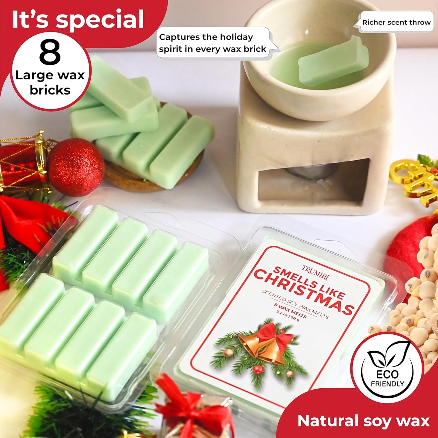 TRUMIRI Smells Like Christmas Scented Wax Melts - Made with Non Toxic Soy Wax and Essential Oils - Long Lasting Strong Scent Pet Safe Candle Wax Cubes Tarts for Warmers Pack of 4 Fall Christmas