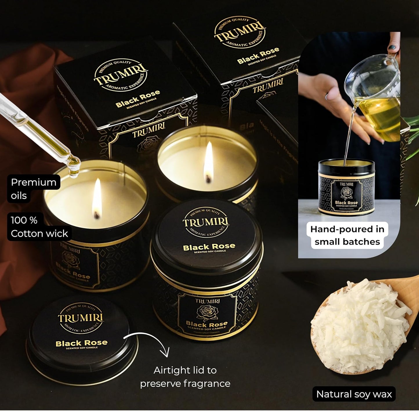 Black Rose Candle Strong Scented Soy Candel Clean Non Toxic Velas Aromáticas Gift for Women 5Oz Decorative Tin Jars with Lids Pack of 3