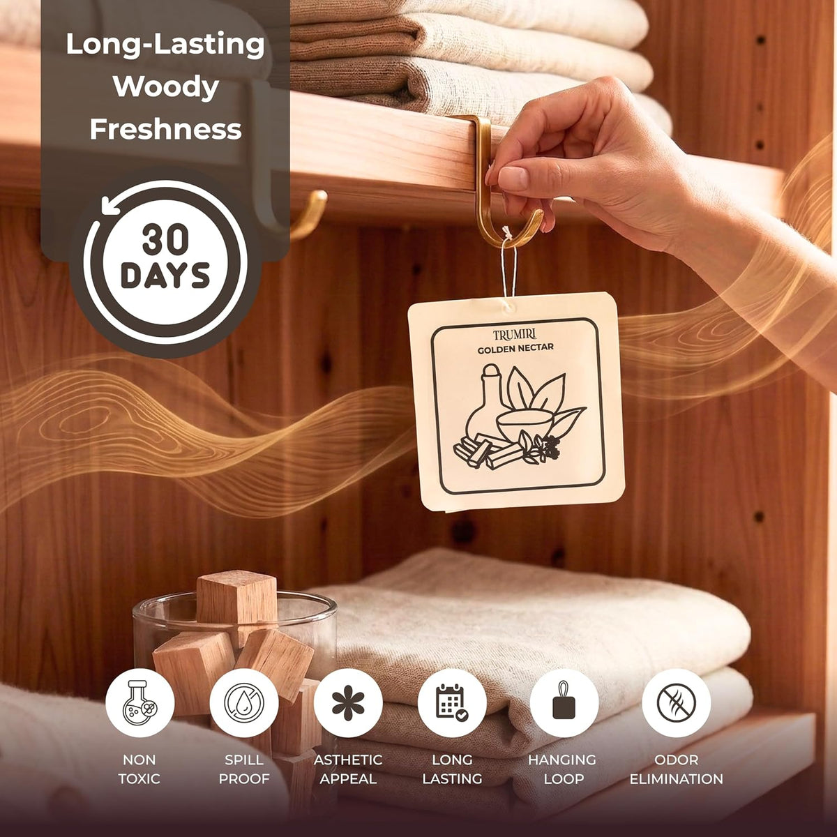 Sandalwood Scented Drawer and Closet Air Freshener Sachet – Long-Lasting Hanging Sachet Bag, Scent Diffuser, Odor Eliminator, Wardrobes, Dressers, Linen Closets – Home Fragrance Gift Set for Men