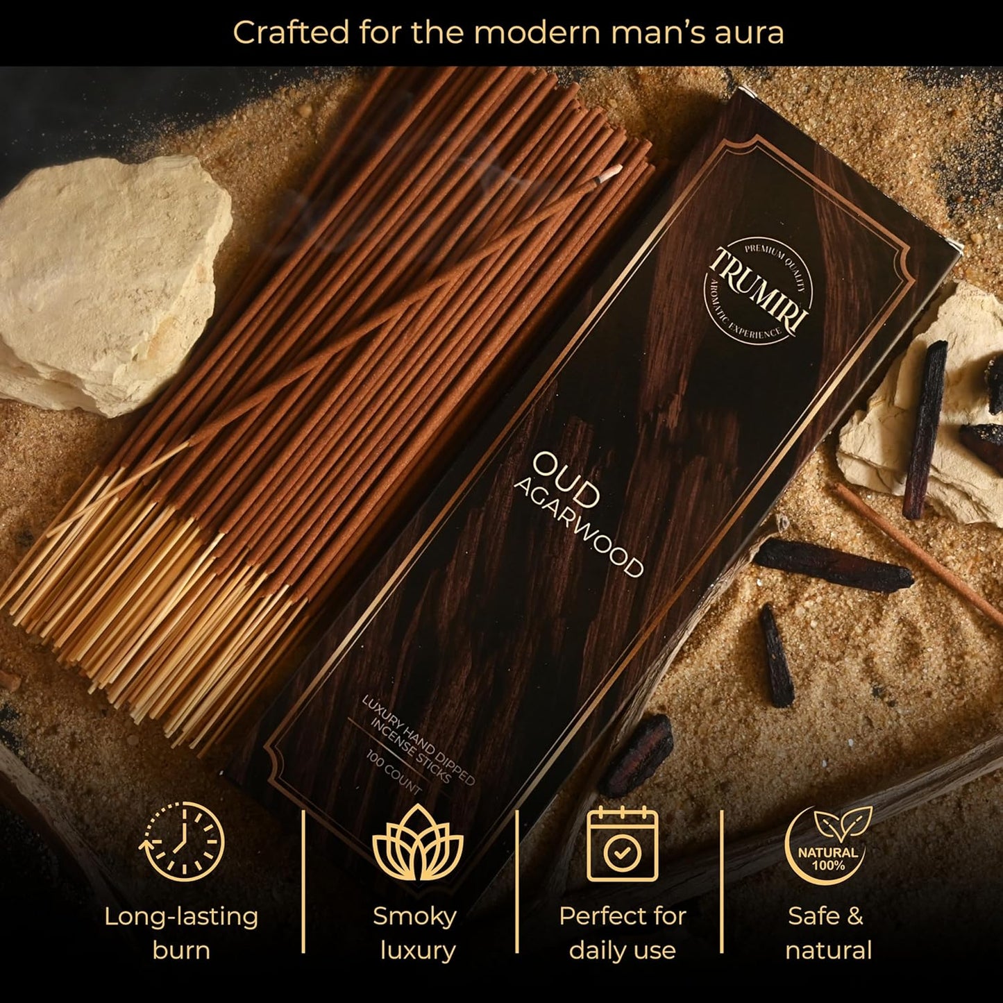 Oud Agarwood Incense Sticks - Pack of 100 Insence-Sticks - Inciensos Aromaticos Made with Natural Agarwood Essential Oil - Scented Inscents Non Toxic Agarbatti Insense