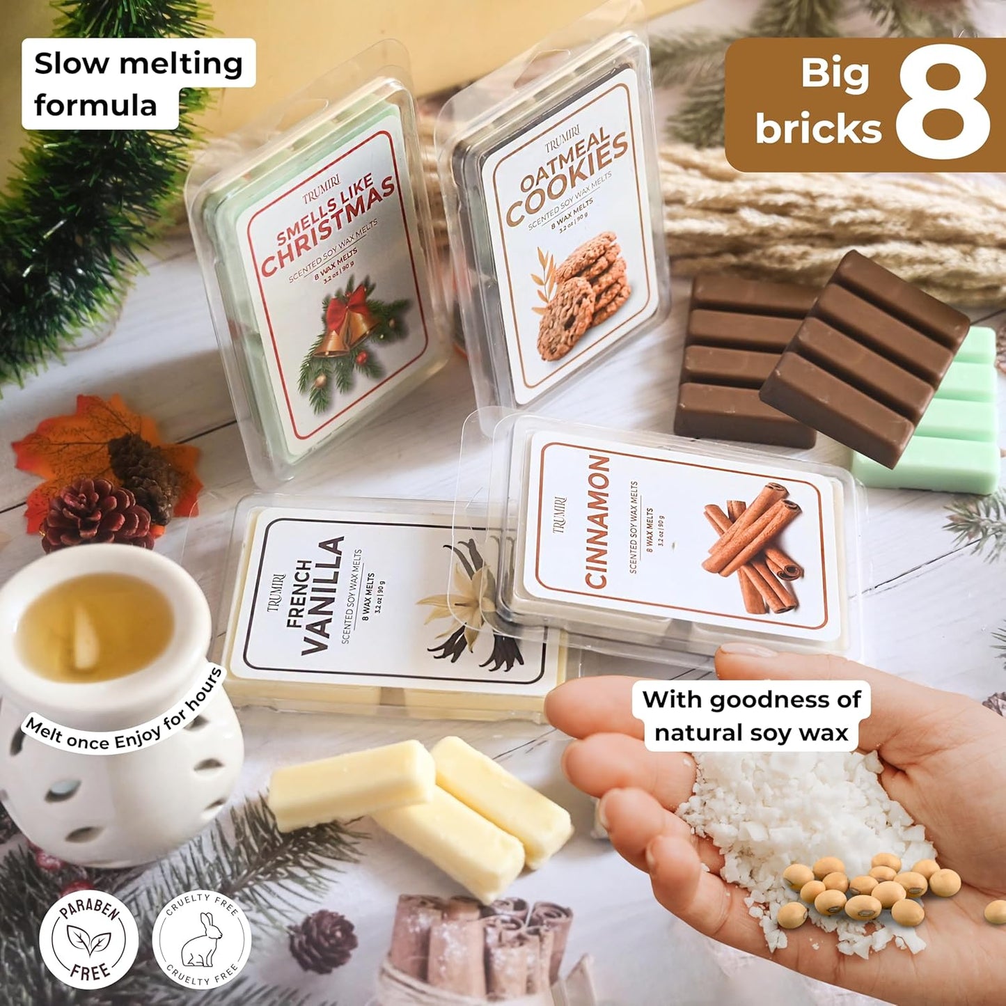 Scented Wax Melts Variety Pack Oatmeal Cookies|Smells Like Christmas|Cinnamon|French Vanilla - Made With Non Toxic Soy Wax And Essential Oils - Long Lasting Scent Pet Safe Candle Wax Cubes For Warmers
