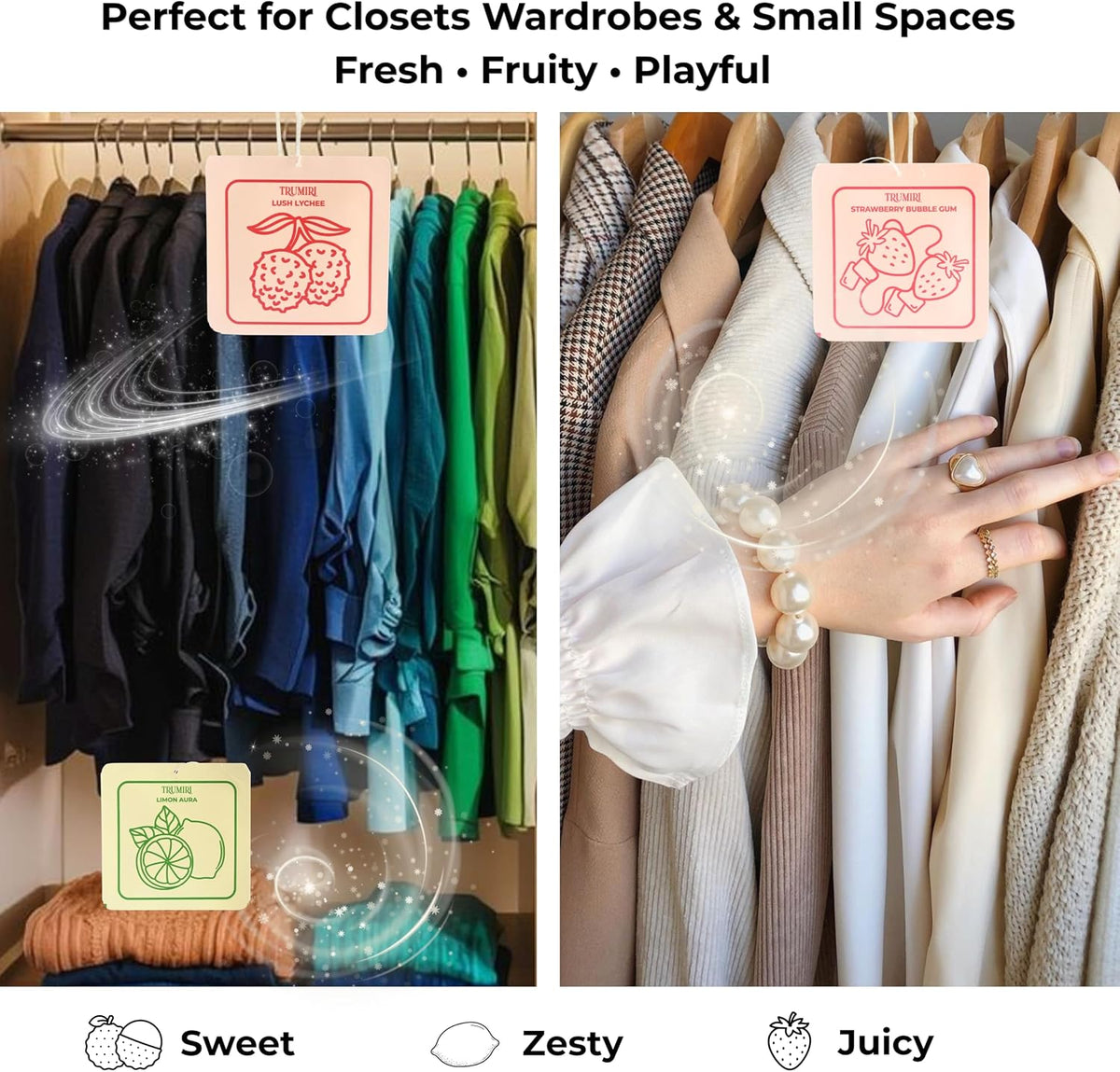 Scented Sachets for Drawer and Closet Freshener with Long Lasting Scent - Variety Pack of 3 - Limon Aura|Strawberry Bubble Gum|Lush Lychee - Home Fragrance Sachet - Olores para Closet De Ropa