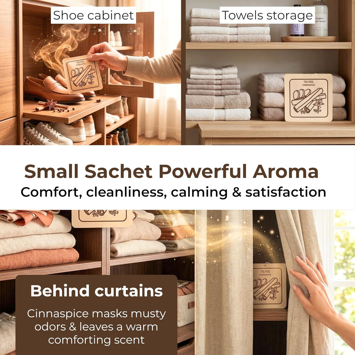 Cinnamon Scented Drawer & Closet Air Freshener Sachet –Pack of 3– Long-Lasting Hanging Sachet Bag, Scent Diffuser, Odor Eliminator, Wardrobes, Dressers & Fabric– Home Fragrance Gift Set for Neighbors