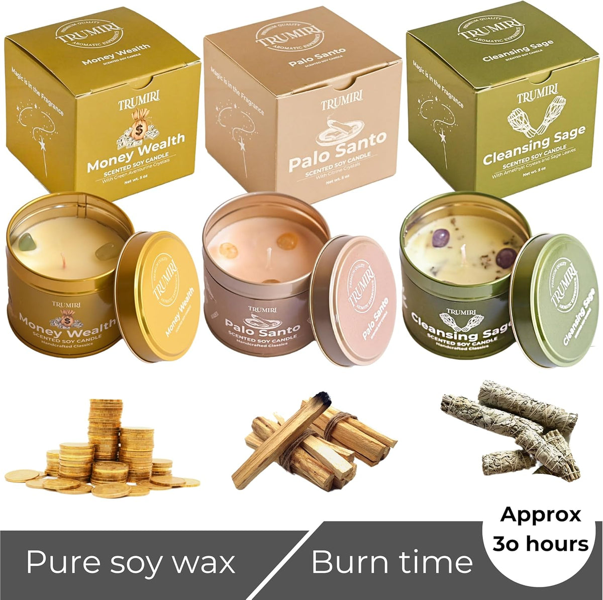 Cleansing Sage, Palo Santo, Money Wealth - Soy Candles Non Toxic - Highly Scented Long Lasting with Essential Oils - Variety Pack of 3 x 5oz - for Home Aromatherapy Meditation Gift Travel