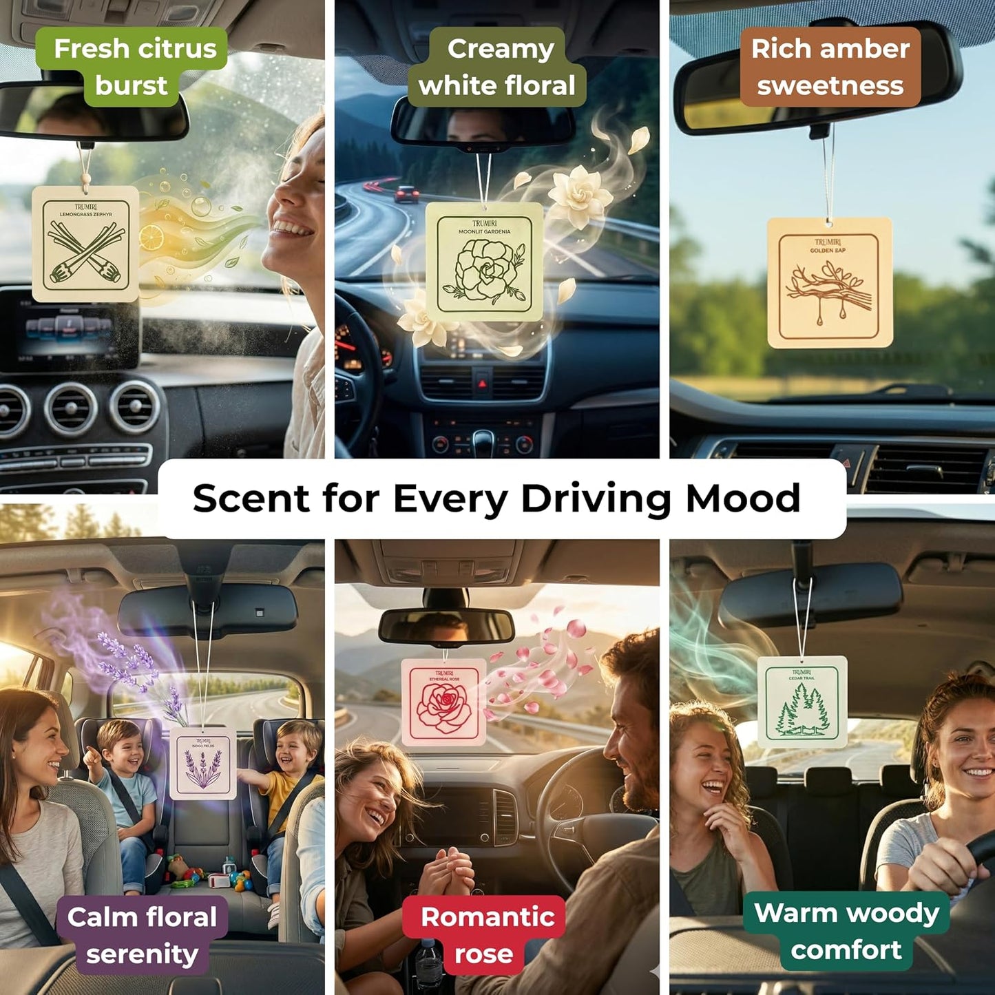 Long Lasting Car Air Freshener Deodorizer Hanging Type Gel Based Scent Diffuser - Variety Pack Of 6 - Cedar Trail|Golden Sap|Lemongrass Zephyr|Indigo Fields|Ethereal Rose|Moonlit Gardenia