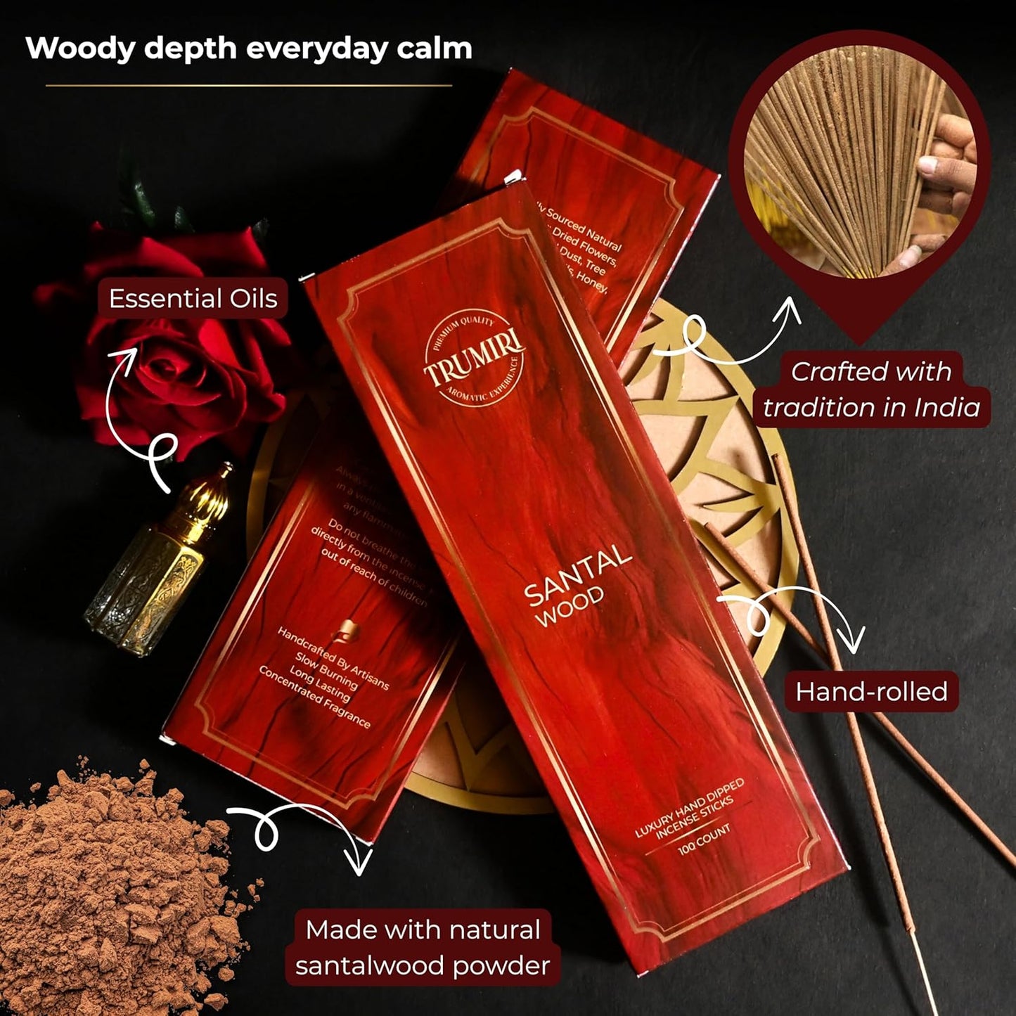 Santal Incense Sticks - Pack of 100 Insence-Sticks - Incienso De Sandalo - Made with Natural Sandalwood - Scented Inscents Non Toxic Insense Incents
