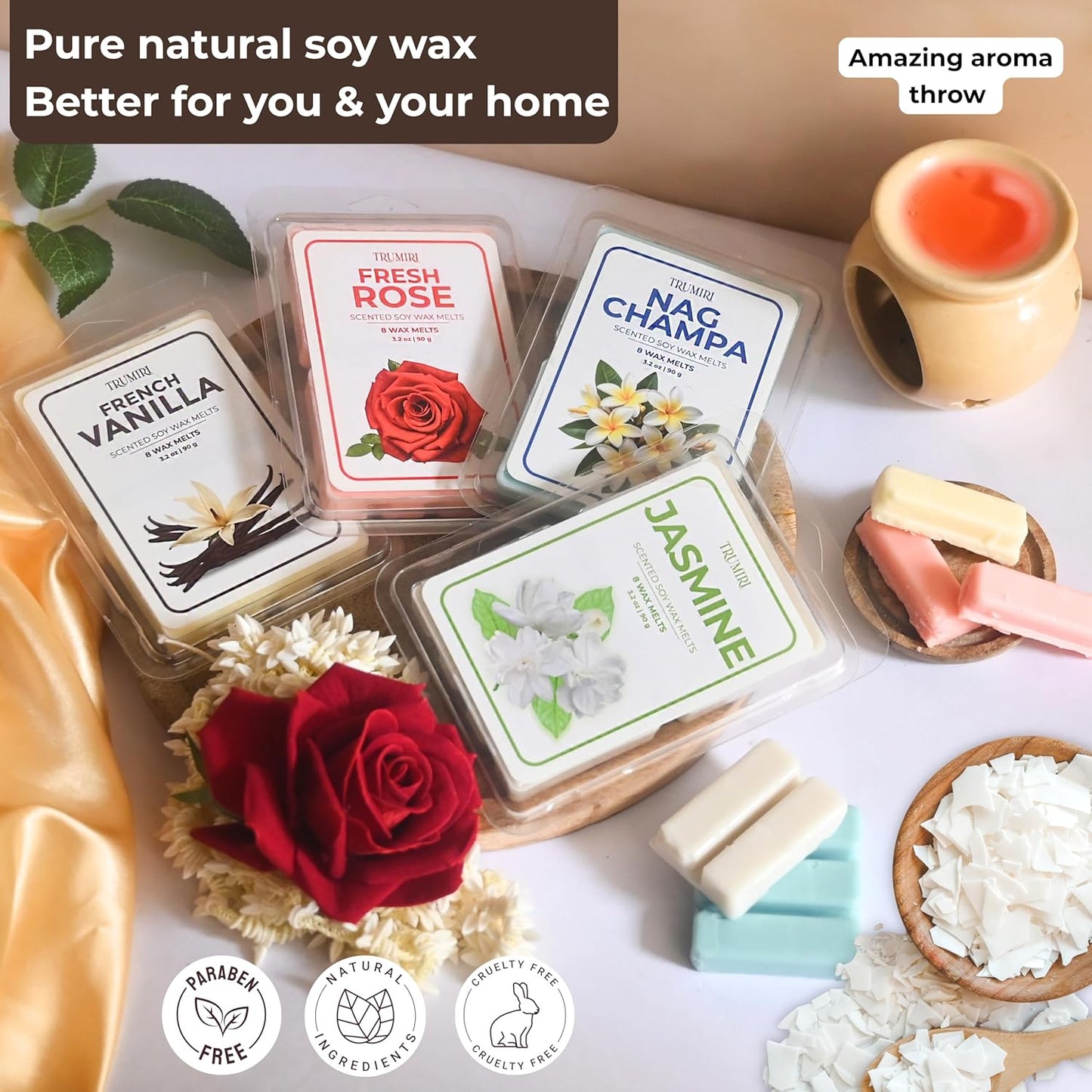 Scented Wax Melts Variety Pack of 4x8ea - Nag Champa|Fresh Rose|French Vanilla|Jasmine - Made with Non Toxic Soy Wax and Essential Oils- Long Lasting Strong...