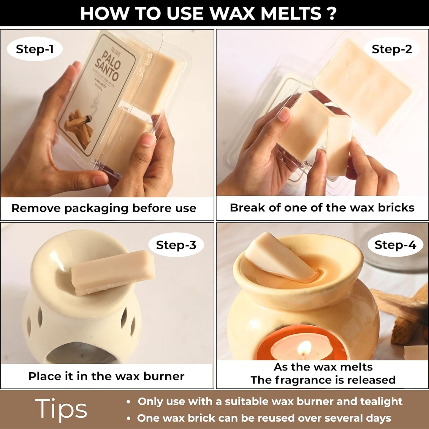 TRUMIRI Palo Santo Scented Wax Melts - Made with Non Toxic Soy Wax and Essential Oils - Long Lasting Strong Scent Pet Safe Candle Wax Cubes Tarts for Warmers Pack of 4 - for Cleansing Negative Energy