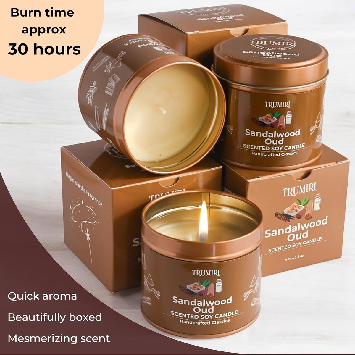 Sandalwood Oud - Scented Candles for Men - Pack of 3 x 5oz Natural Soy Clean Organic Non Toxic - Masculine Scent Gifts - Candel for Home Bedroom Bathroom Apartment Room Décor - New House Essentials