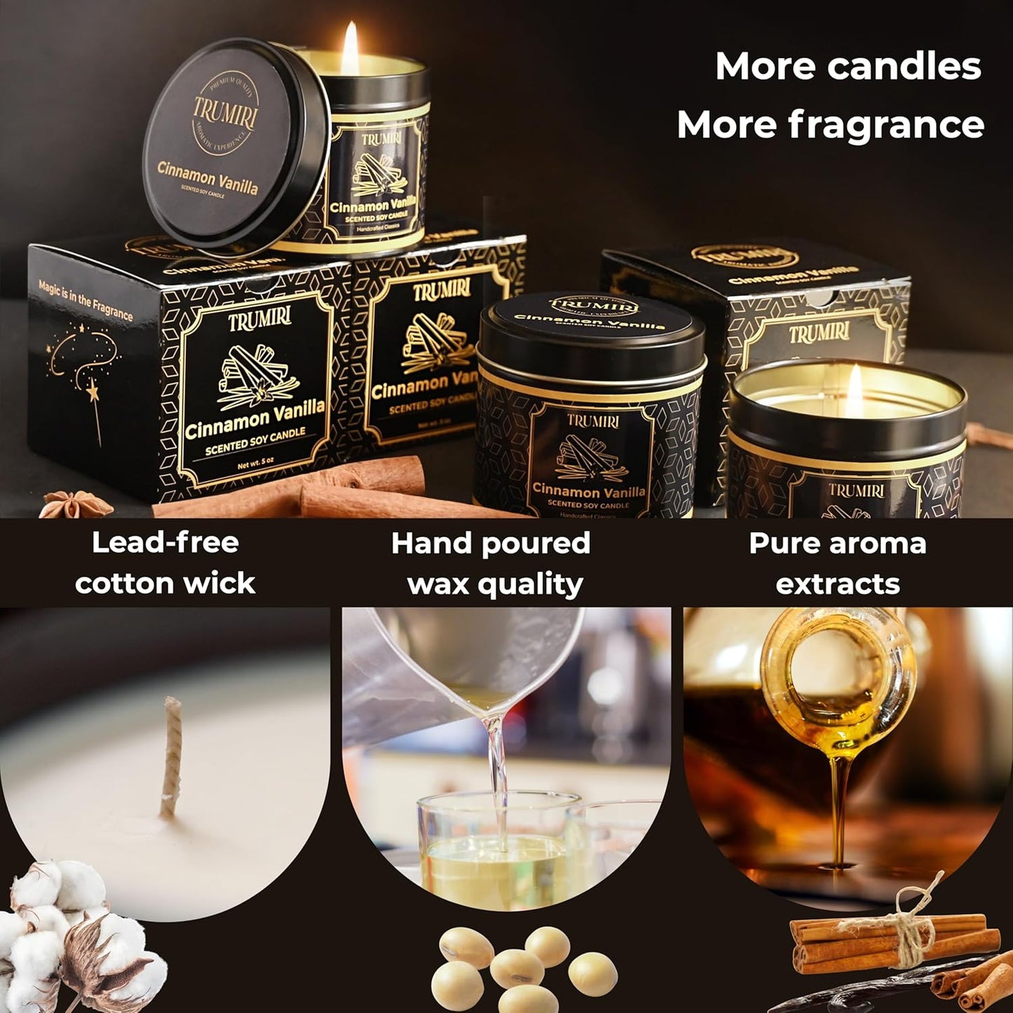 Vanilla Candle with Cinnamon Strong Scented Soy Candel Clean Non Toxic Velas Aromáticas for Women Gift for Fall Christmas Holidays Pack of 3 5Oz Decorative Tin Jars with Lids