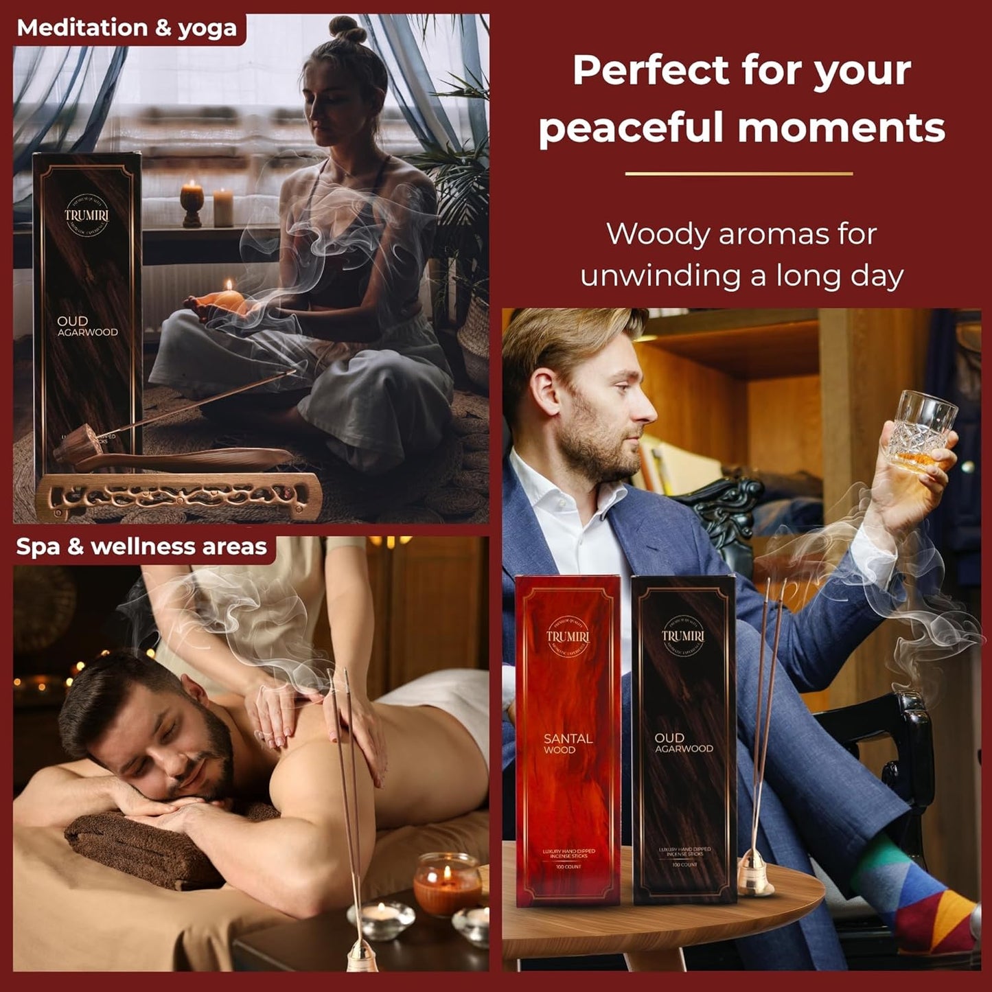 Oud Agarwood & Santal Wood - Combo Pack of Incense Sticks - 100 Insence-Sticks of Each Scent - Total 200 Inscents - Natural Insense Made with Non Toxic Ingredients and Essential Oils