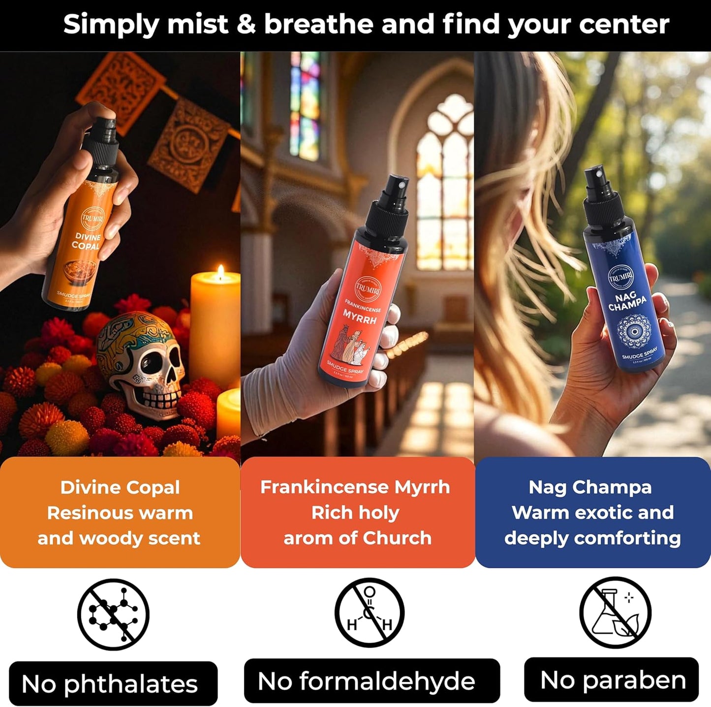 Set of 3 Smudge Sprays Frankincense Myrrh|Nag Champa|Copal for Cleansing Negative Energy and Protection - Natural Room Sprays and Body Mists Made with Non Toxic Essential Oils