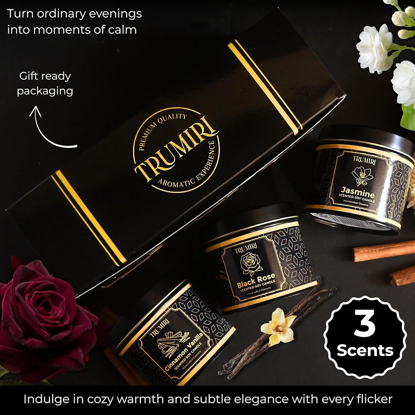 Candle Gift Set of 3 Cinnamon Vanilla|Jasmine|Black Rose Strong Scented Soy Candels Natural Non Toxic Velas Aromáticas Favors for Women Coworkers Friends Guests Also for Diwali Christmas Holidays