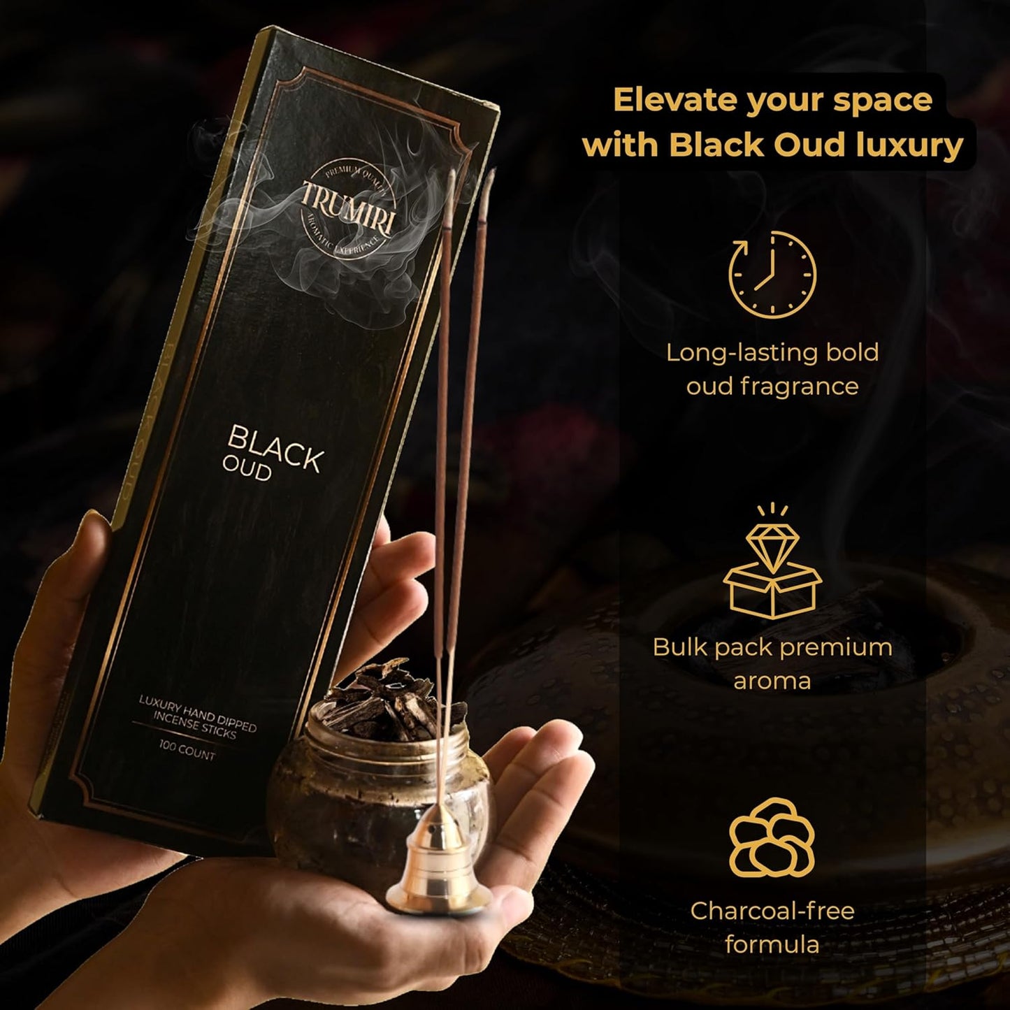 Black Oud Incense Sticks - Pack of 100 Insence-Sticks - Inciensos Aromaticos Made with Natural Oud Essential Oil - Scented Inscents Non Toxic Agarbatti Insense