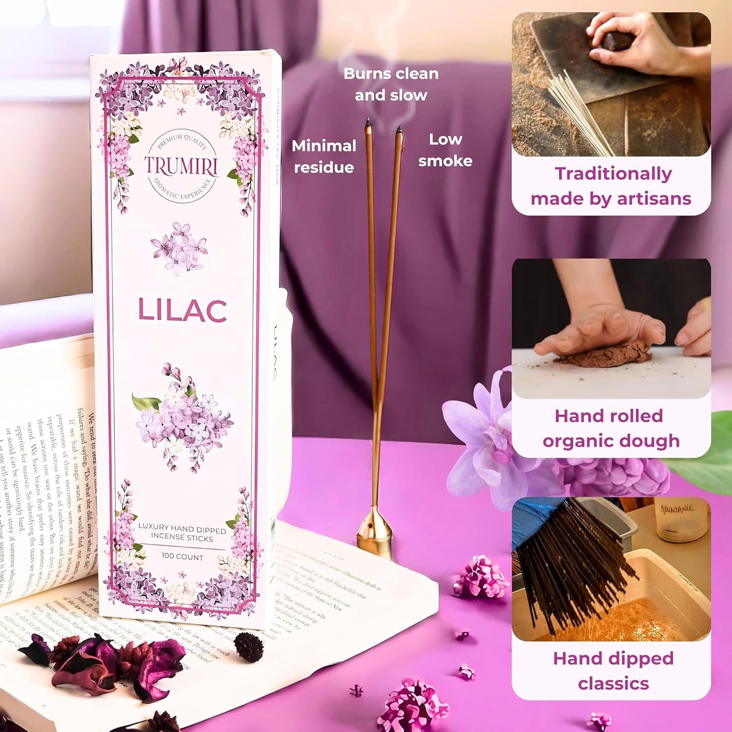 Lilac Incense Sticks - Pack of 100 Inscents-Sticks - Inciensos Aromaticos para La Casa - Made with Natural Insence Ingredients - Scented Insense Non Toxic Incents