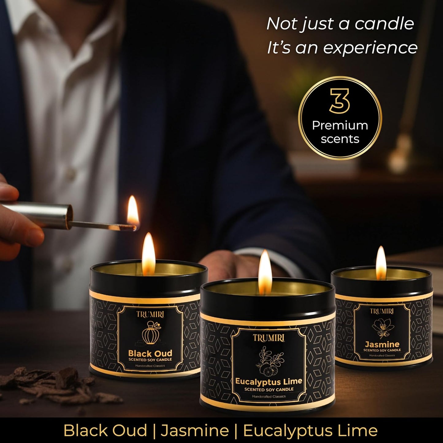 Candle Gift Set of 3 Black Oud|Jasmine|Eucalyptus Lime Highly Scented Soy Candels Natural Non Toxic Velas Aromáticas Favors for Women Coworkers Friends Guests Also for Fall Diwali Christmas Holidays