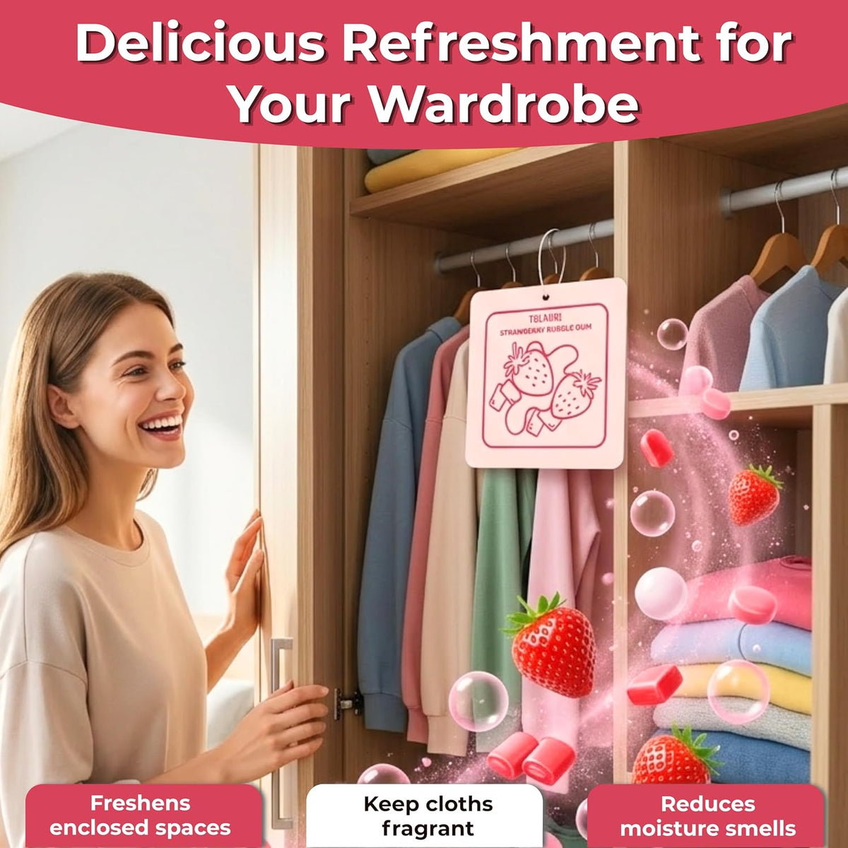 Strawberry Bubble Gum - Scented Sachets for Drawer and Closet Freshener with Long Lasting Scent - Pack of 3 - Home Fragrance Sachet Bag Dresser Refresher Packet - Olores para Closet De Ropa