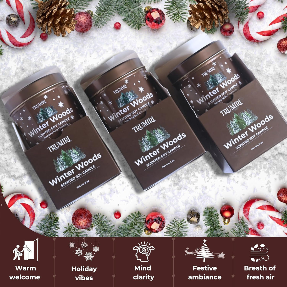 Winter Woods - Soy Candles for Home Scented - for Fall Christmas Holidays - Pack of 3 x 5oz Natural Clean Non Toxic - Long Lasting Highly Scented Pet Safe - Velas Aromáticas para el Hogar Pine Candel