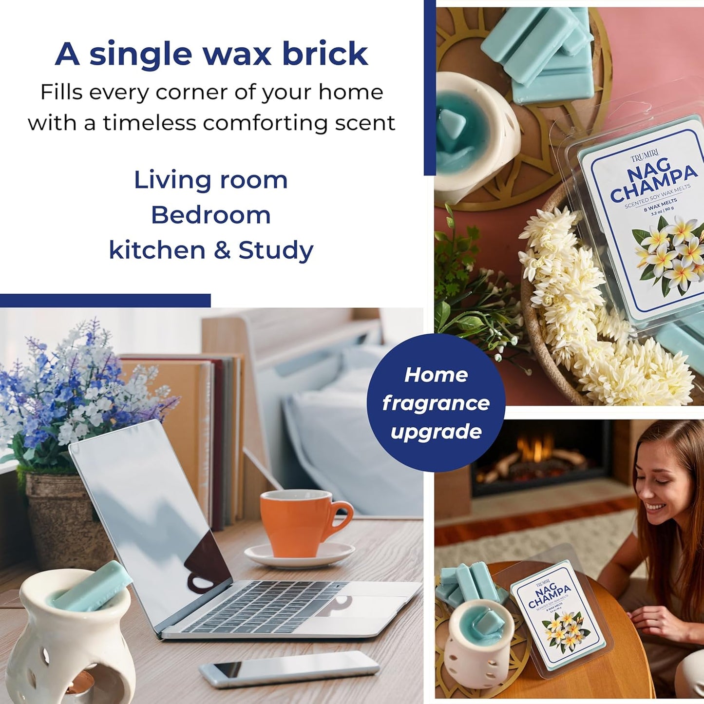 TRUMIRI Nag Champa Scented Wax Melts - Made with Non Toxic Soy Wax and Essential Oils - Long Lasting Strong Scent Pet Safe Candle Wax Cubes Tarts for Warmers Pack of 4