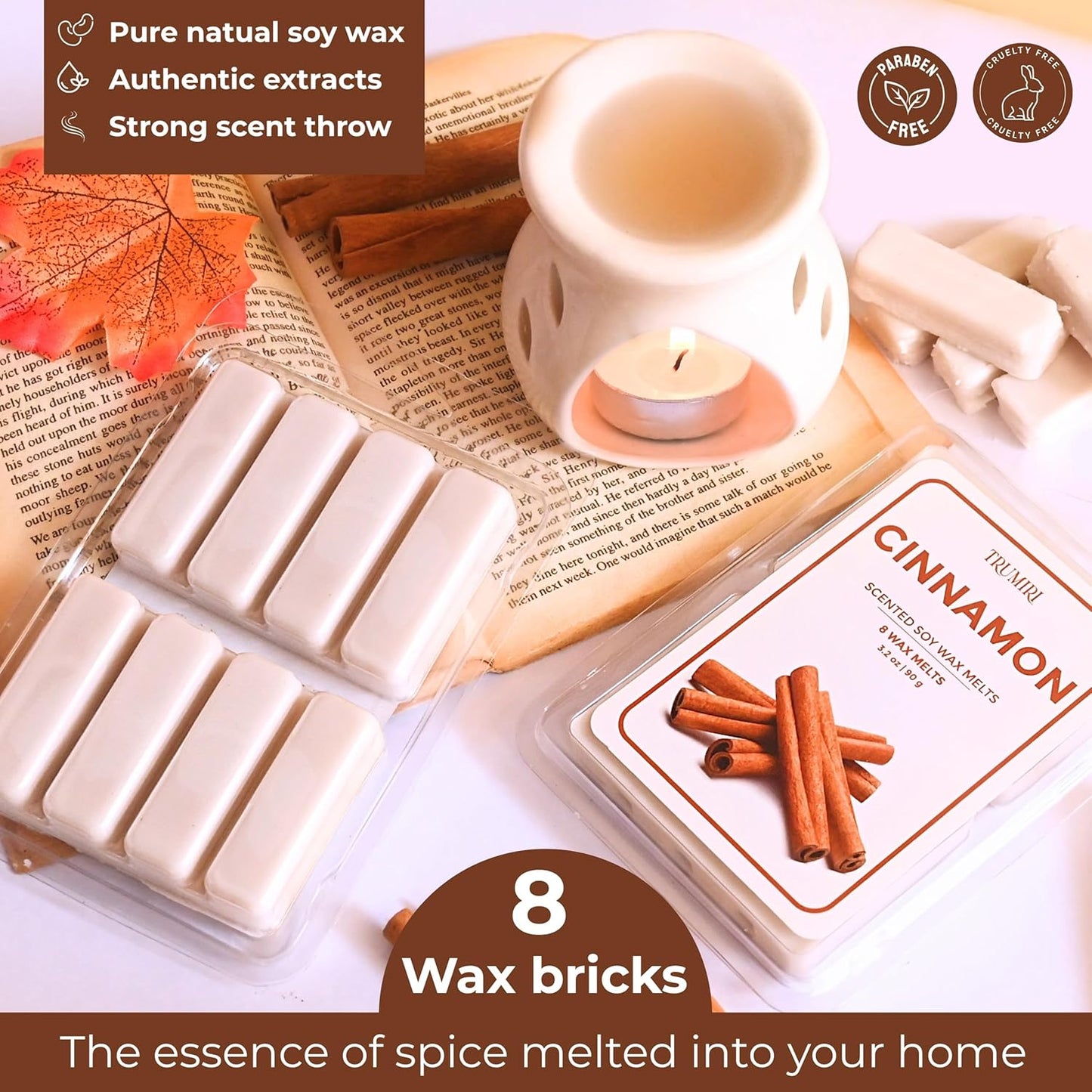 TRUMIRI Cinnamon Scented Wax Melts - Made with Non Toxic Soy Wax and Essential Oils - Long Lasting Strong Scent Pet Safe Candle Wax Cubes Tarts for Warmers Pack of 4 - Fall Christmas