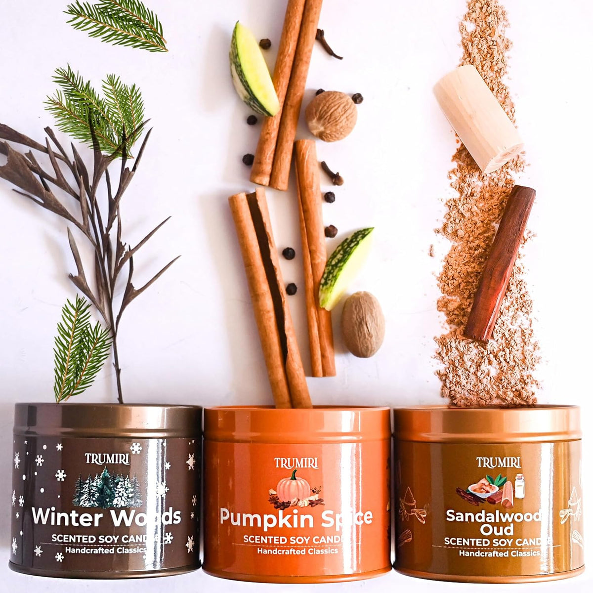 Winter Woods, Pumpkin Spice, Sandalwood Oud - Soy Candles Non Toxic - Highly Scented Long Lasting with Essential Oils - Variety Pack of 3 x 5oz - for Home Aromatherapy Meditation Gift Travel