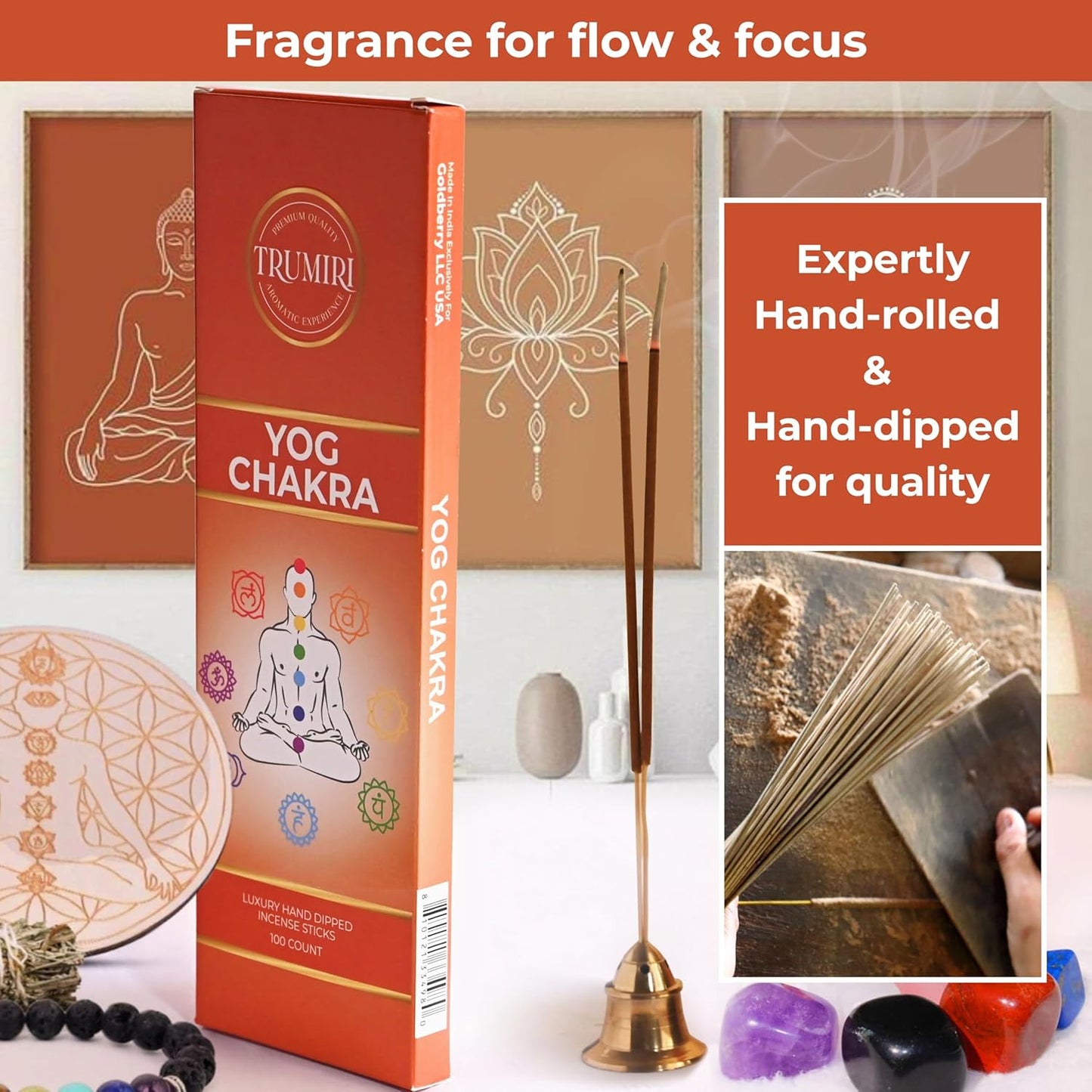 YOG Chakra Incense Sticks - Pack of 100 Insence-Sticks for Chakra Meditation - Made with Natural Raw Ingredients - Scented Inciensos Indian Spiritual Agarbatti Insense