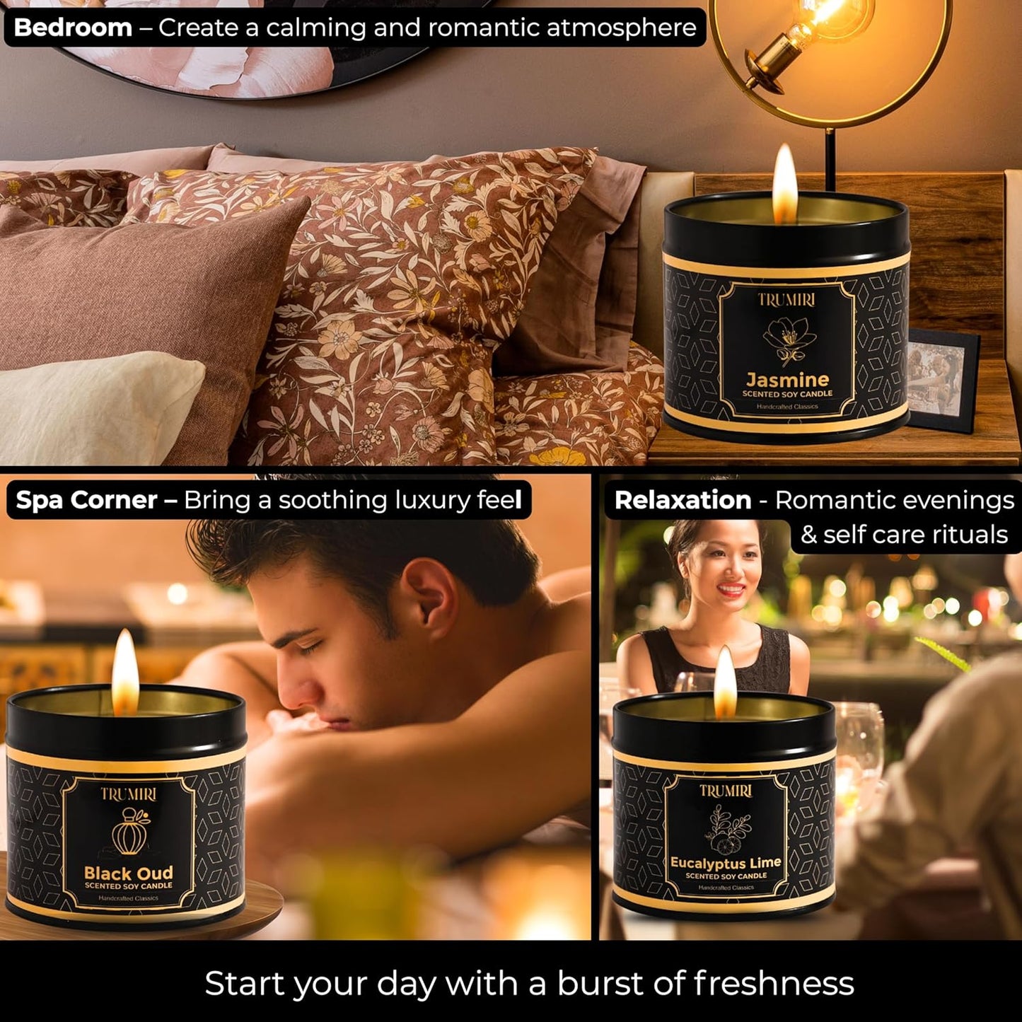 Candle Gift Set of 3 Black Oud|Jasmine|Eucalyptus Lime Highly Scented Soy Candels Natural Non Toxic Velas Aromáticas Favors for Women Coworkers Friends Guests Also for Fall Diwali Christmas Holidays