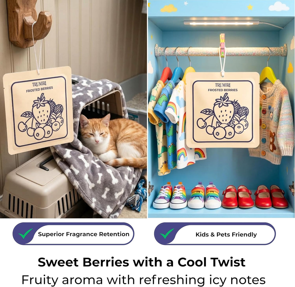 Frosted Berries Scented Drawer & Closet Air Freshener Sachet–Pack of 3–Long-Lasting Hanging Sachet Bag, Scent Diffuser, Odor Eliminator,Wardrobes Dressers,Fruity–Home Fragrance Gift Set for Christmas