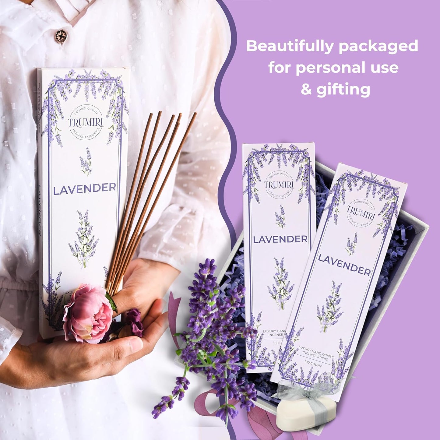 Lavender Incense Sticks - Pack of 100 Insence-Sticks - Inciensos Aromaticos Made with Natural Lavender Essential Oil - Scented Inscents Non Toxic Insense