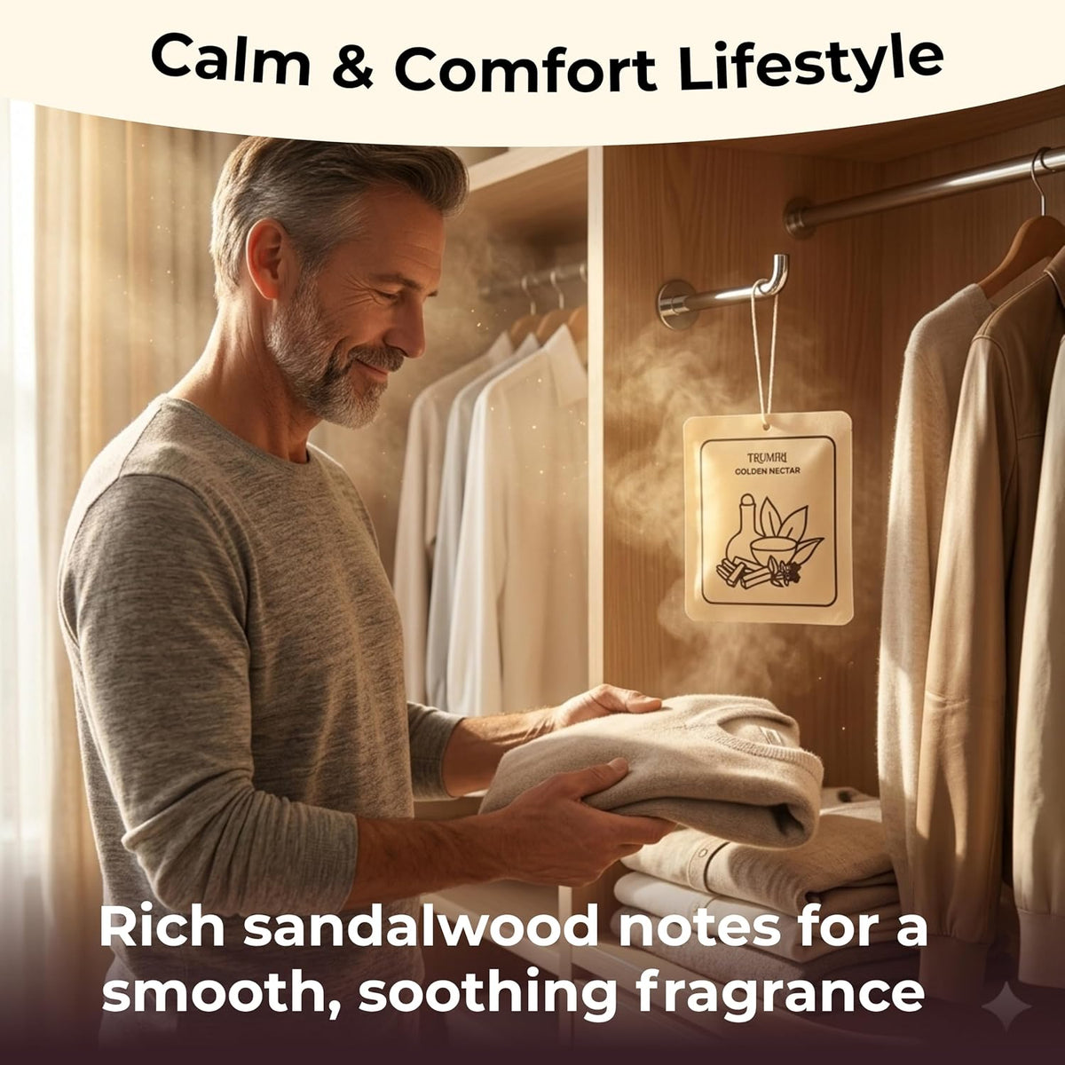 Sandalwood Scented Drawer and Closet Air Freshener Sachet – Long-Lasting Hanging Sachet Bag, Scent Diffuser, Odor Eliminator, Wardrobes, Dressers, Linen Closets – Home Fragrance Gift Set for Men