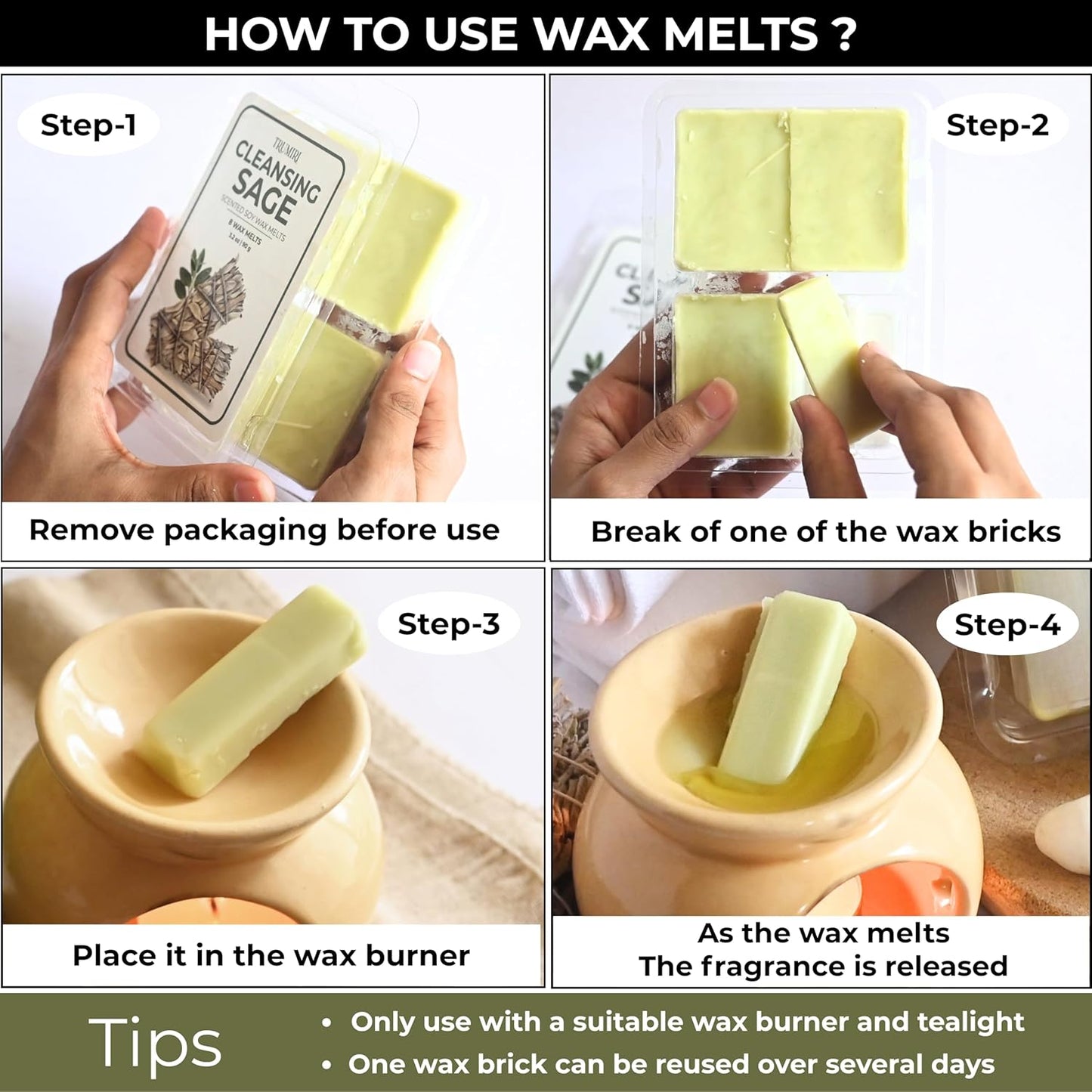 Cleansing Sage Scented Wax Melts - Made With Non Toxic Soy Wax And Essential Oils - Long Lasting Strong Scent Pet Safe Candle Wax Cubes Tarts For Warmers - For Cleansing Negative Energy And Protection