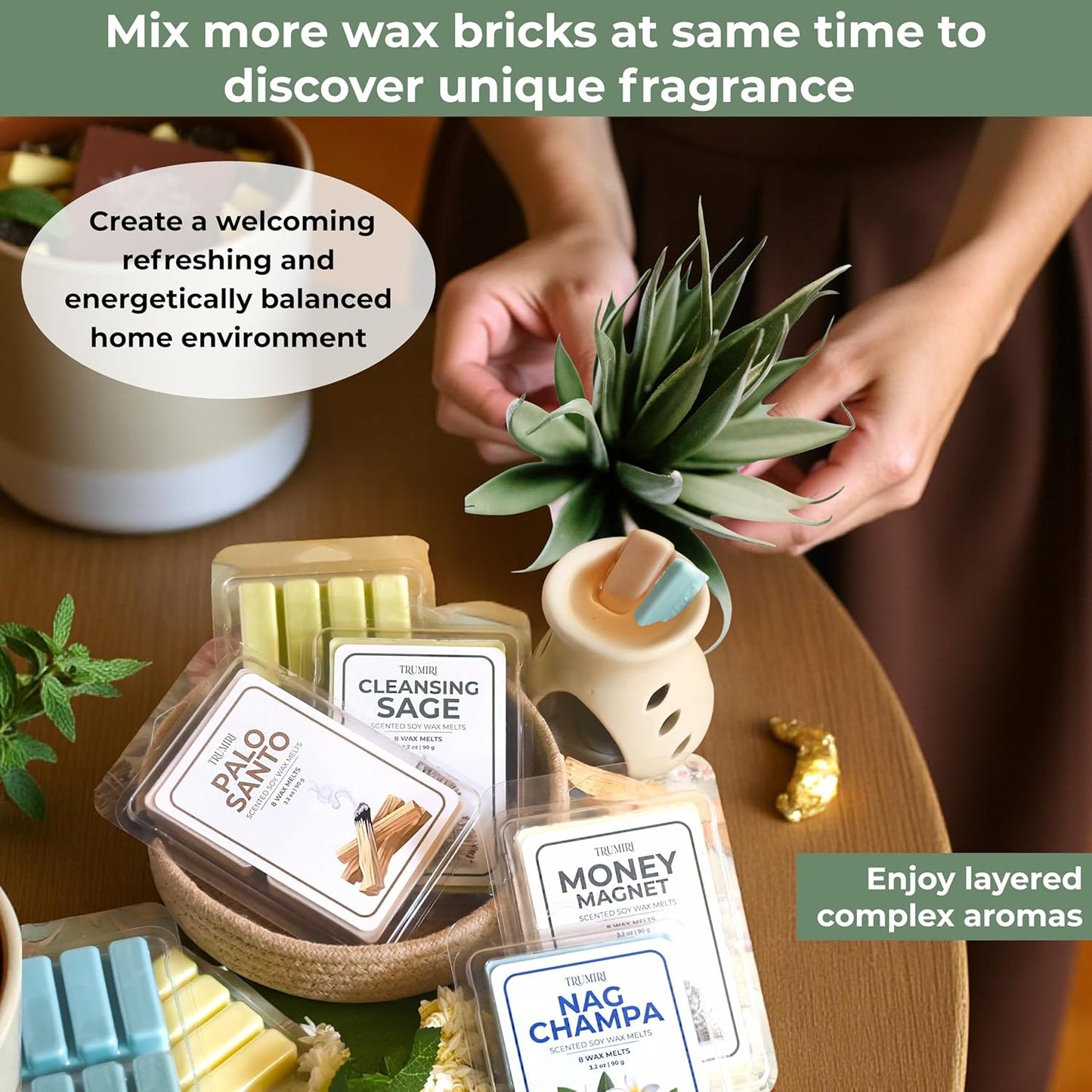 Scented Wax Melts Variety Pack Palo Santo|Cleansing Sage|Money Wealth|Nag Champa - Made With Non Toxic Soy Wax And Essential Oils - Long Lasting Strong Scent Pet Safe Candle Wax Cubes For Warmers