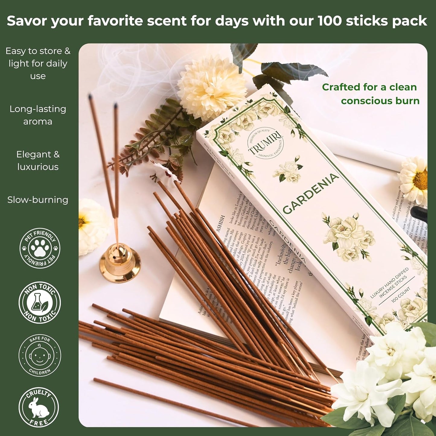 Gardenia Incense Sticks - Pack of 100 Inscents-Sticks - Inciensos Aromaticos para La Casa - Made with Natural Insence Ingredients - Scented Incents Non Toxic Insense