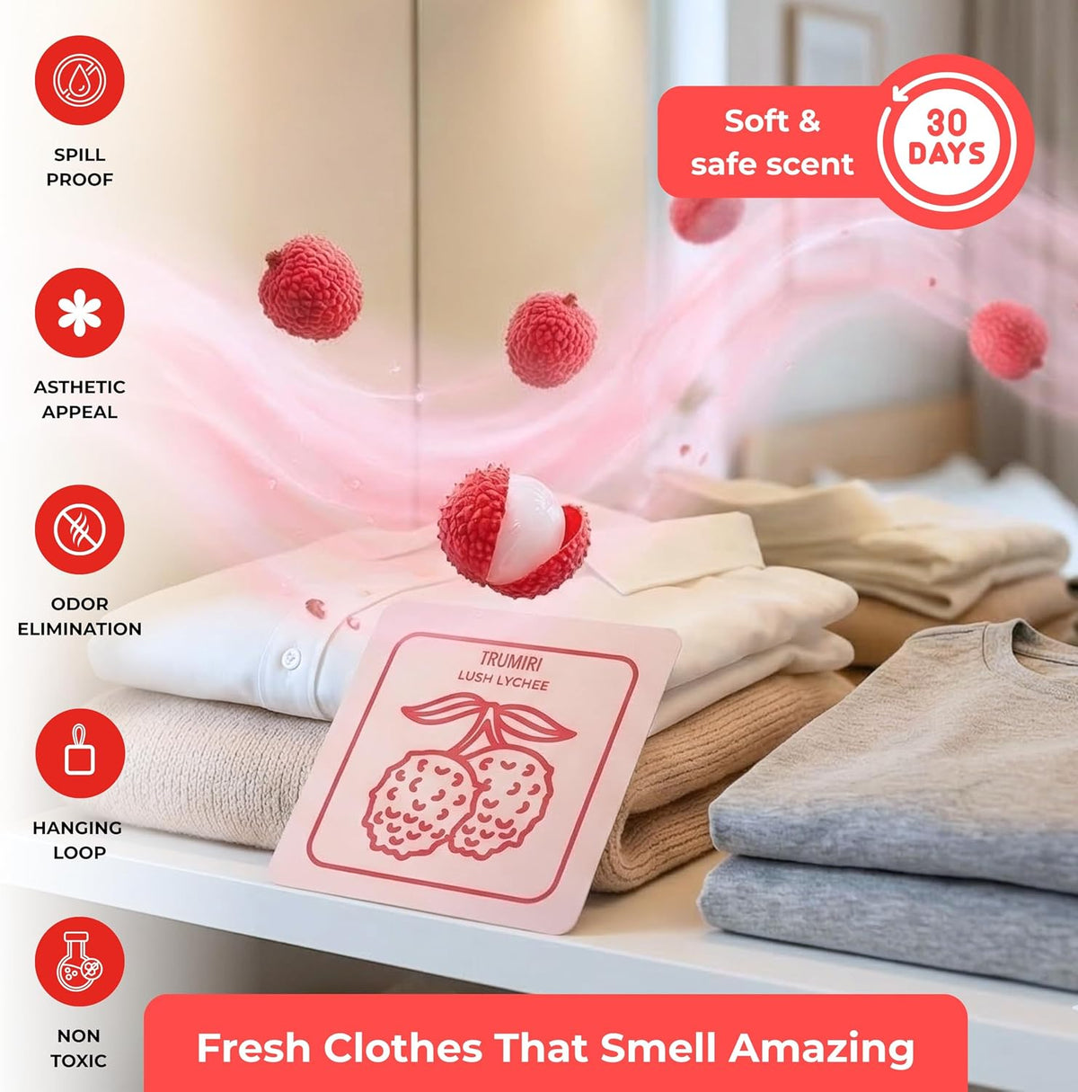 Lush Lychee - Scented Sachets for Drawer and Closet Freshener with Long Lasting Scent - Pack of 3 - Home Fragrance Sachet Bag Dresser Refresher Packet - Olores para Closet De Ropa