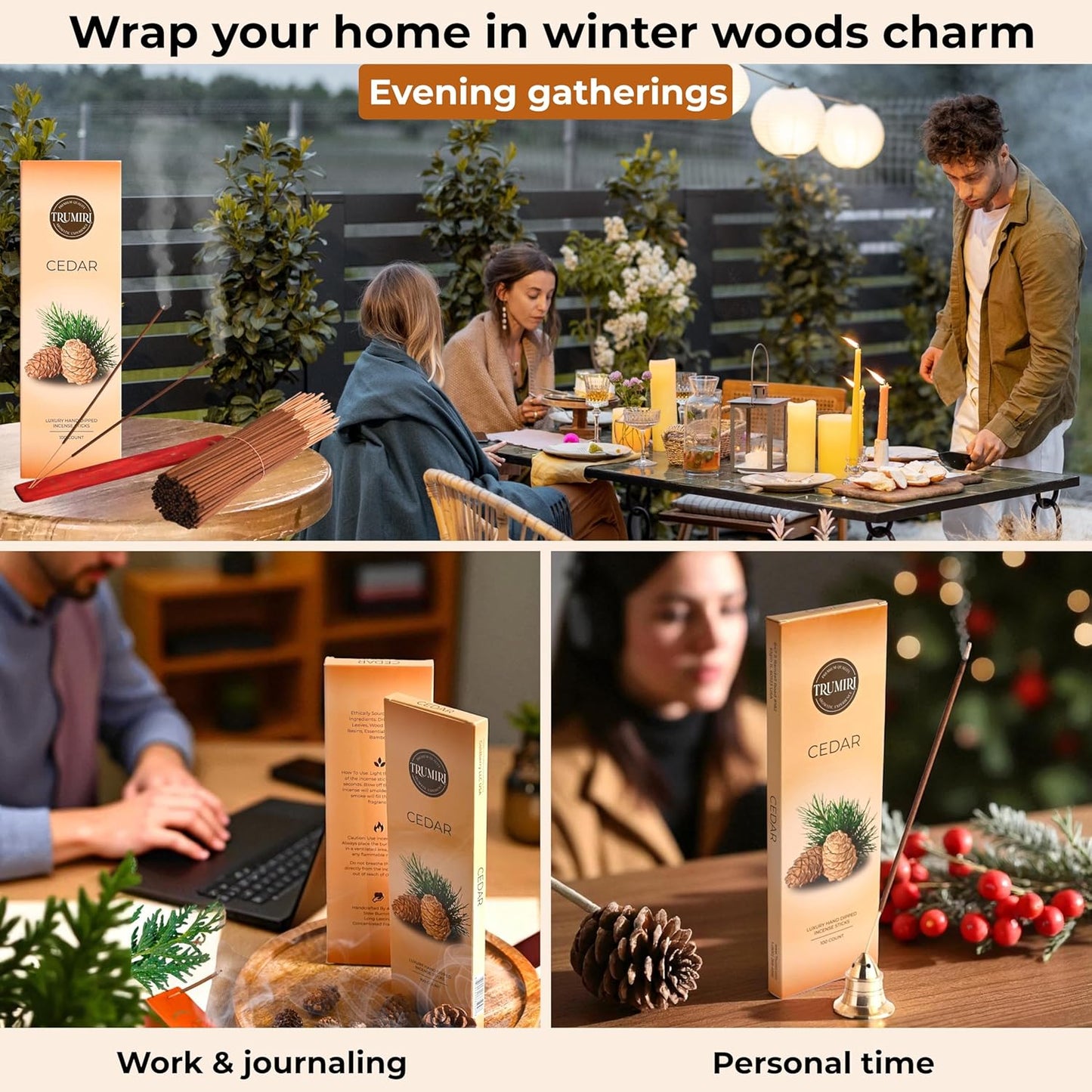 Cedar Incense Sticks - Pack of 100 Insence-Sticks Inciensos Aromaticos - Made with Natural Cedarwood Oil - Scented Insense Non Toxic Inscent Incence