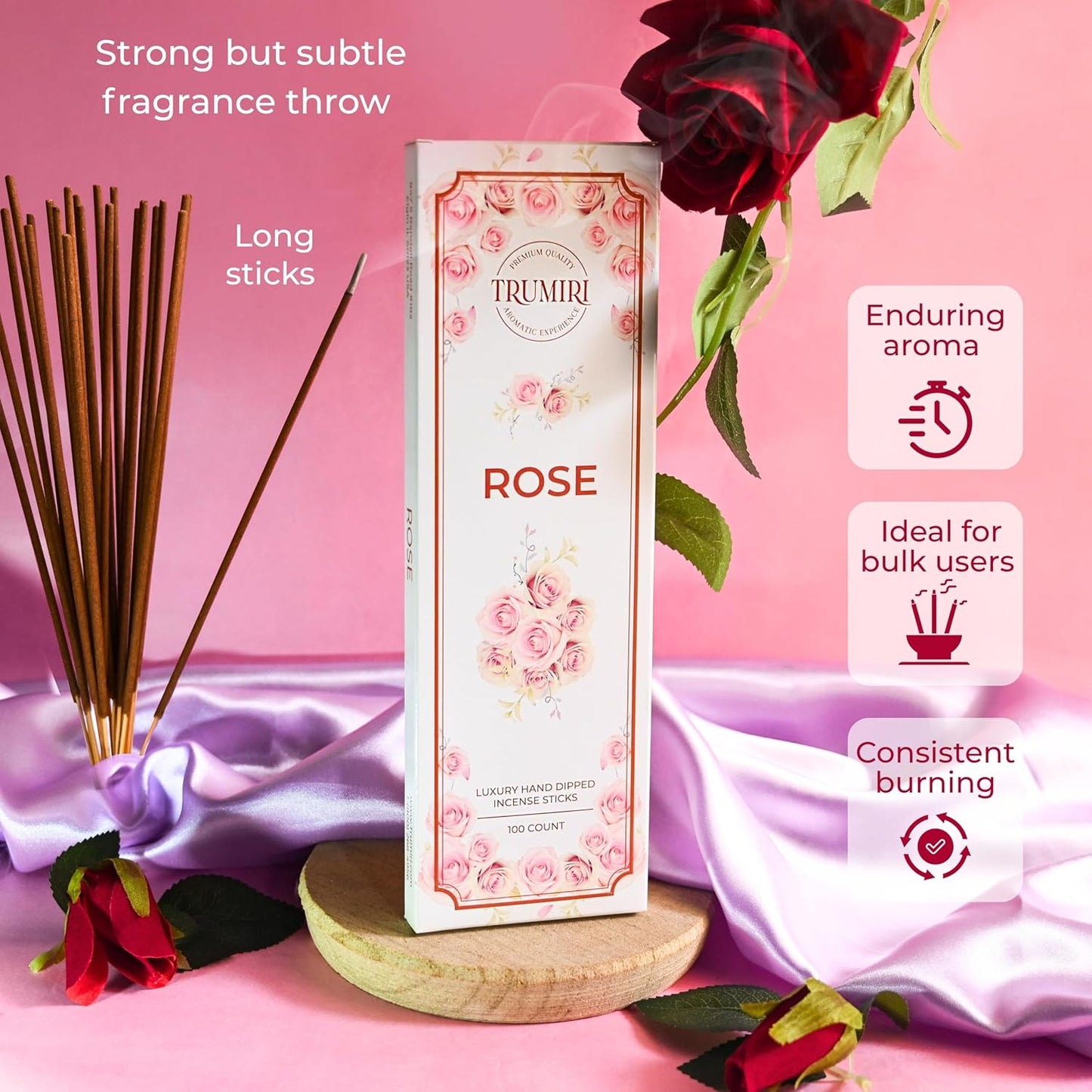 Rose Incense Sticks - Pack of 100 Insence-Sticks - Inciensos Aromaticos Made with Natural Rose Essential Oil - Scented Inscents Non Toxic Insense
