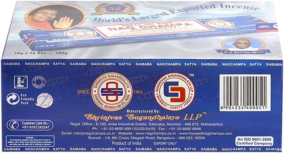 Satya Nag Champa Incense Sticks - 12 Packs of 15g Nagchampa - Total Approx 180 Indian Agarbatti Spiritual Sticks