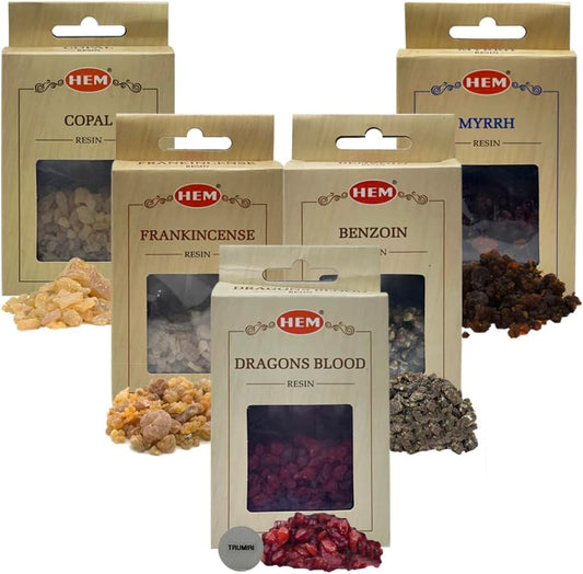 Hem 5 Popular Resin Incense Variety Pack of Copal, Frankincense, Myrrh, Benzoin, Dragon's Blood - 30g/scent - Total Approx 150g
