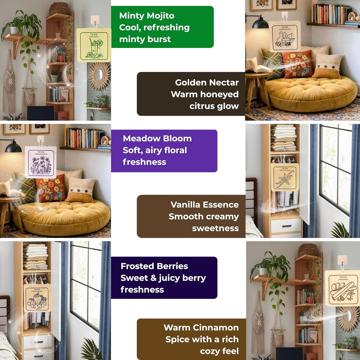 Frosted Berries|Cinnamon|Vanilla|Mint|Lavender|Sandalwood Scented Drawer & Closet Air Freshener Sachet – Variety Pack of 6 – Long-Lasting Hanging Bag, Diffuser, Odor Eliminator, Wardrobes, Dressers