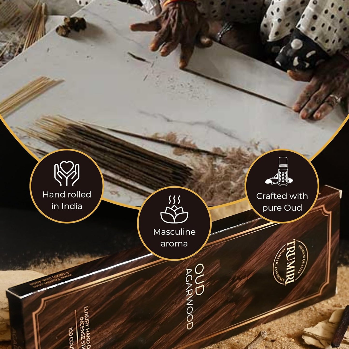Oud Agarwood Incense Sticks - Pack of 100 Insence-Sticks - Inciensos Aromaticos Made with Natural Agarwood Essential Oil - Scented Inscents Non Toxic Agarbatti Insense