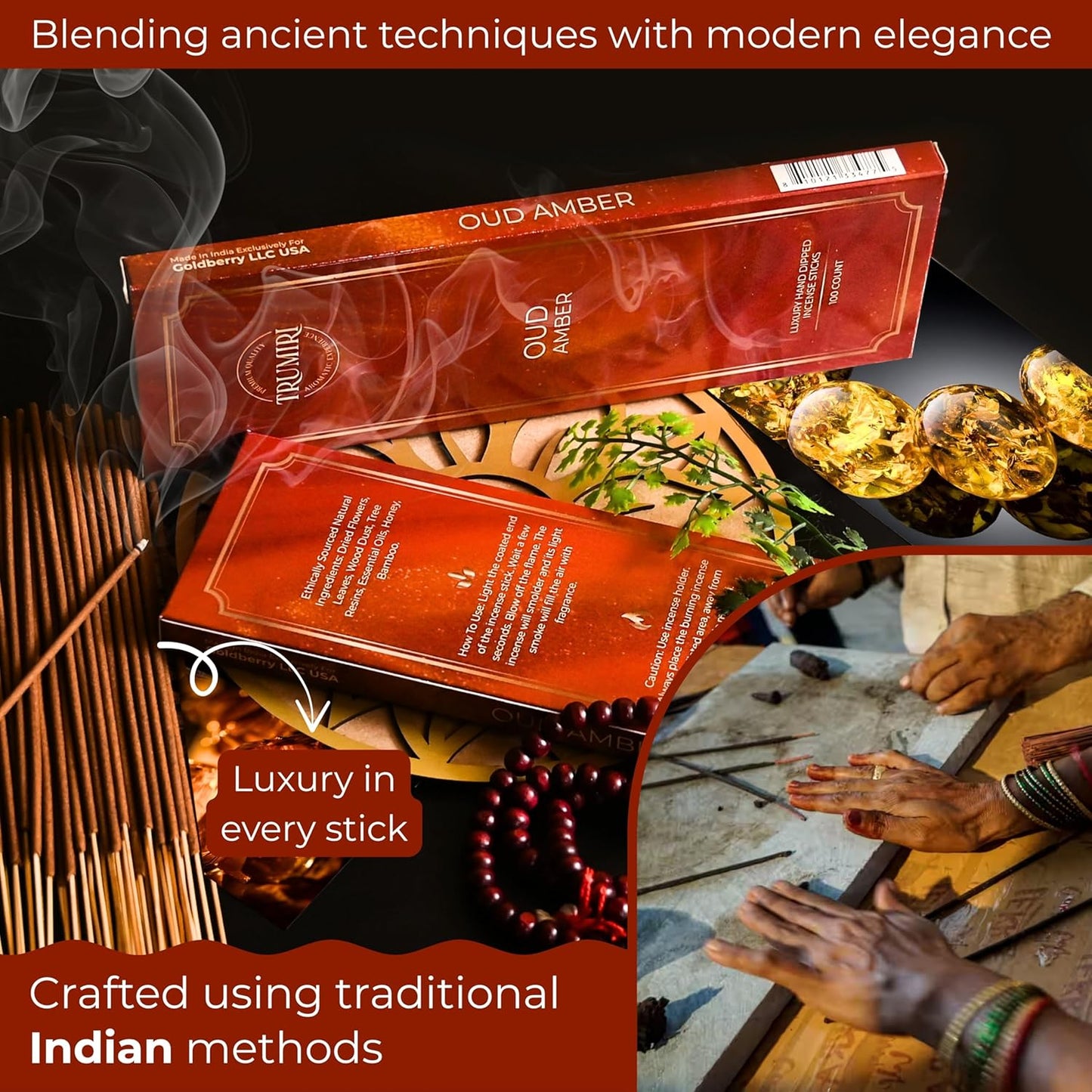 Oud Amber Incense Sticks - Pack of 100 Insence-Sticks - Inciensos Aromaticos Made with Natural Oud and Amber Oil - Scented Inscents Non Toxic Insense Incents