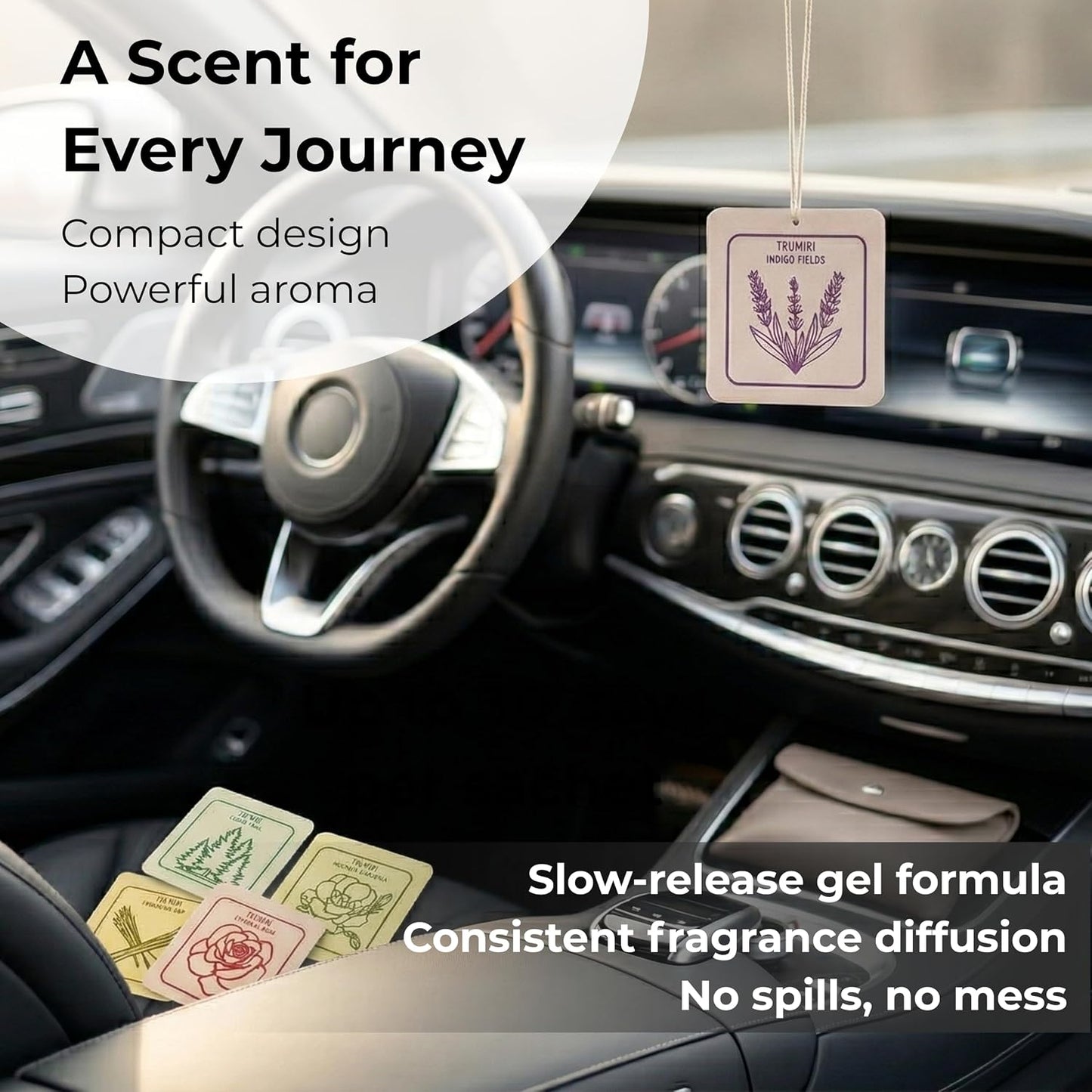 Long Lasting Car Air Freshener Deodorizer Hanging Type Gel Based Scent Diffuser - Variety Pack Of 6 - Cedar Trail|Golden Sap|Lemongrass Zephyr|Indigo Fields|Ethereal Rose|Moonlit Gardenia