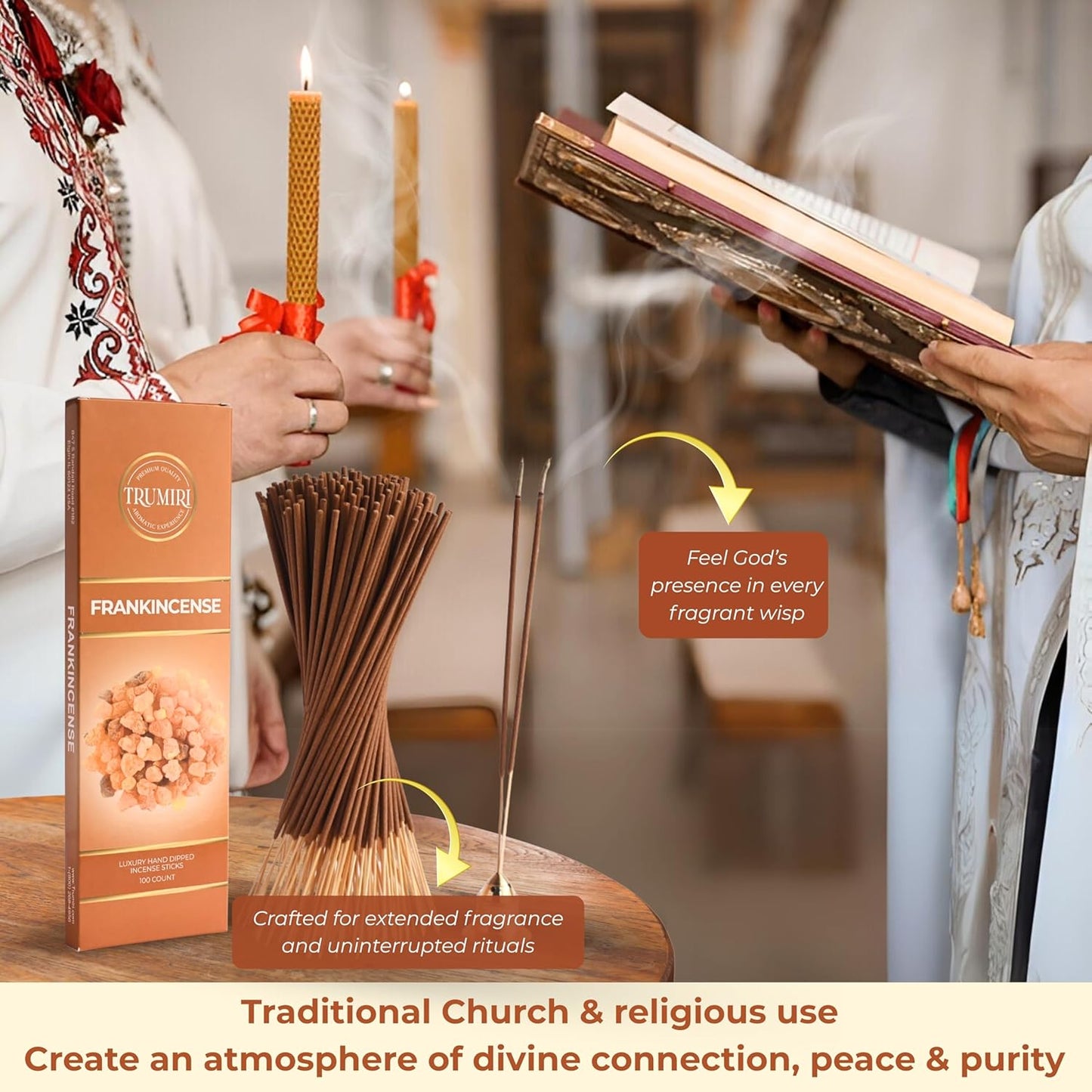 Frankincense Incense Sticks - Pack of 100 Insence-Sticks for Catholic Christian Church - Made with Natural Non Toxic Incienso - Scented Insense Spiritual Agarbatti Incents