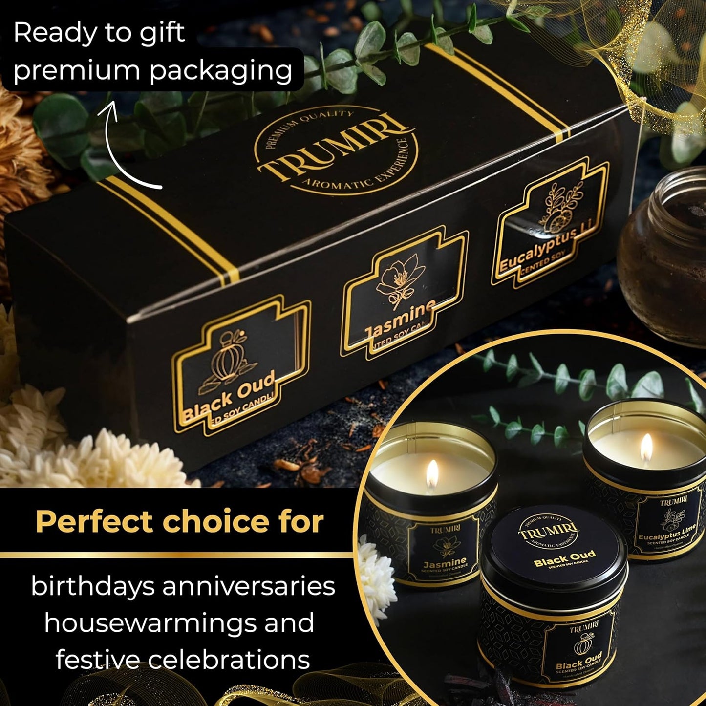 Candle Gift Set of 3 Black Oud|Jasmine|Eucalyptus Lime Highly Scented Soy Candels Natural Non Toxic Velas Aromáticas Favors for Women Coworkers Friends Guests Also for Fall Diwali Christmas Holidays