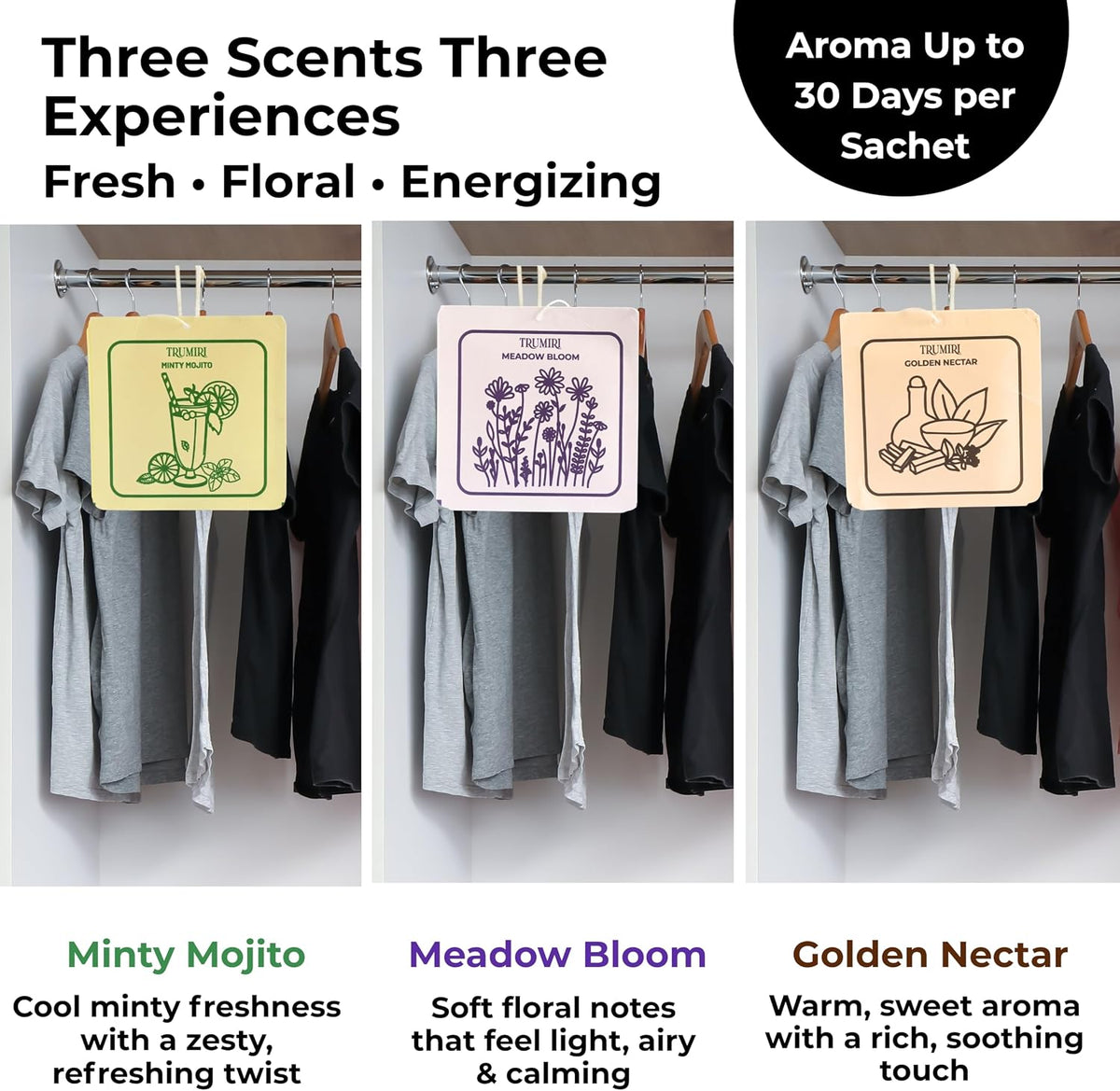 Mint|Lavender|Sandalwood Scented Drawer & Closet Air Freshener Sachet– Variety Pack of 3– Long-Lasting Hanging Sachet Bag, Scent Diffuser, Odor Eliminator, Wardrobes, Dressers–Home Fragrance Gift Set