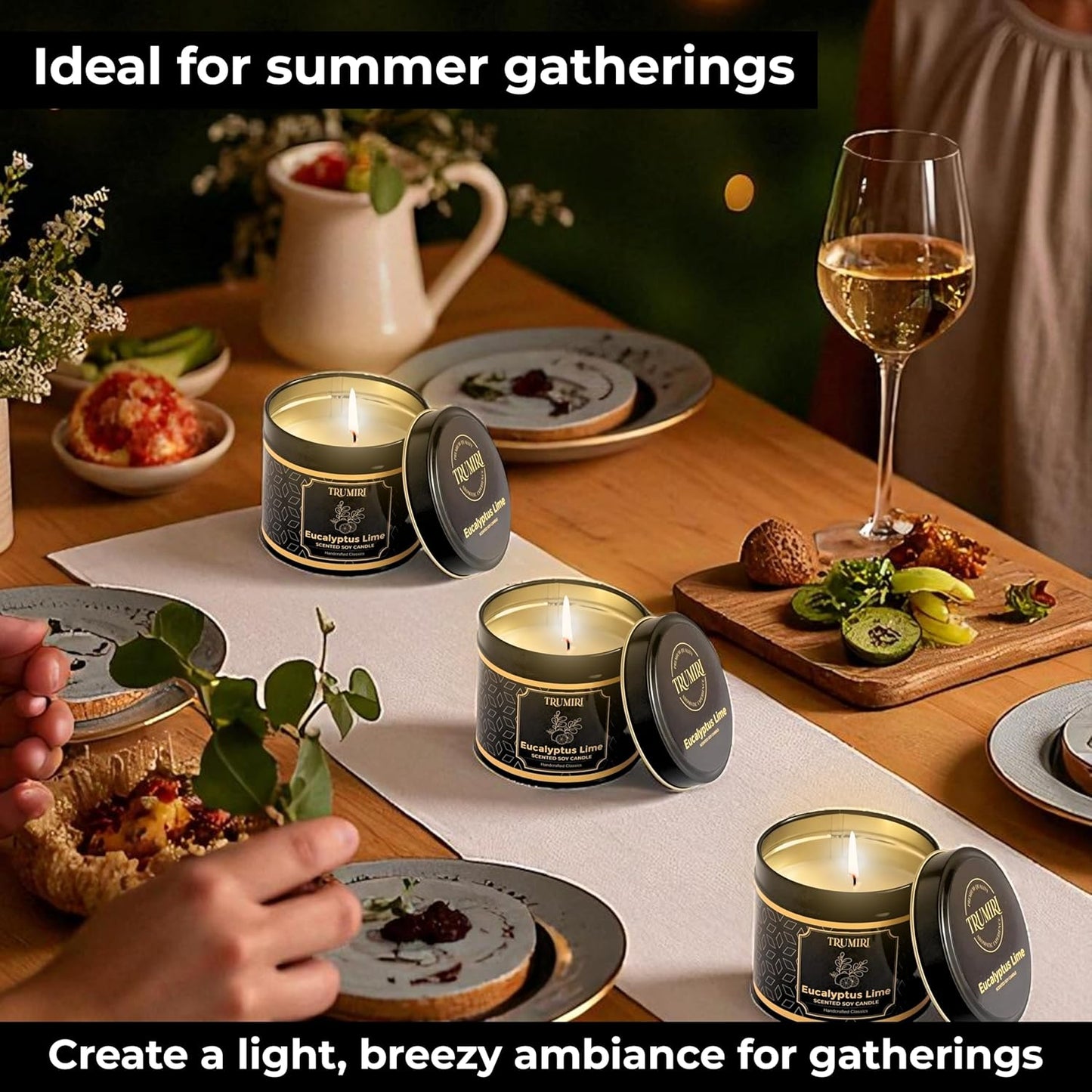 Eucalyptus Candle with Lime Strong Scented Soy Candel Natural Non Toxic Velas Aromáticas for Home Gift for Fall Christmas Holidays Pack of 3 5Oz Decorative Tin Jars with Lids