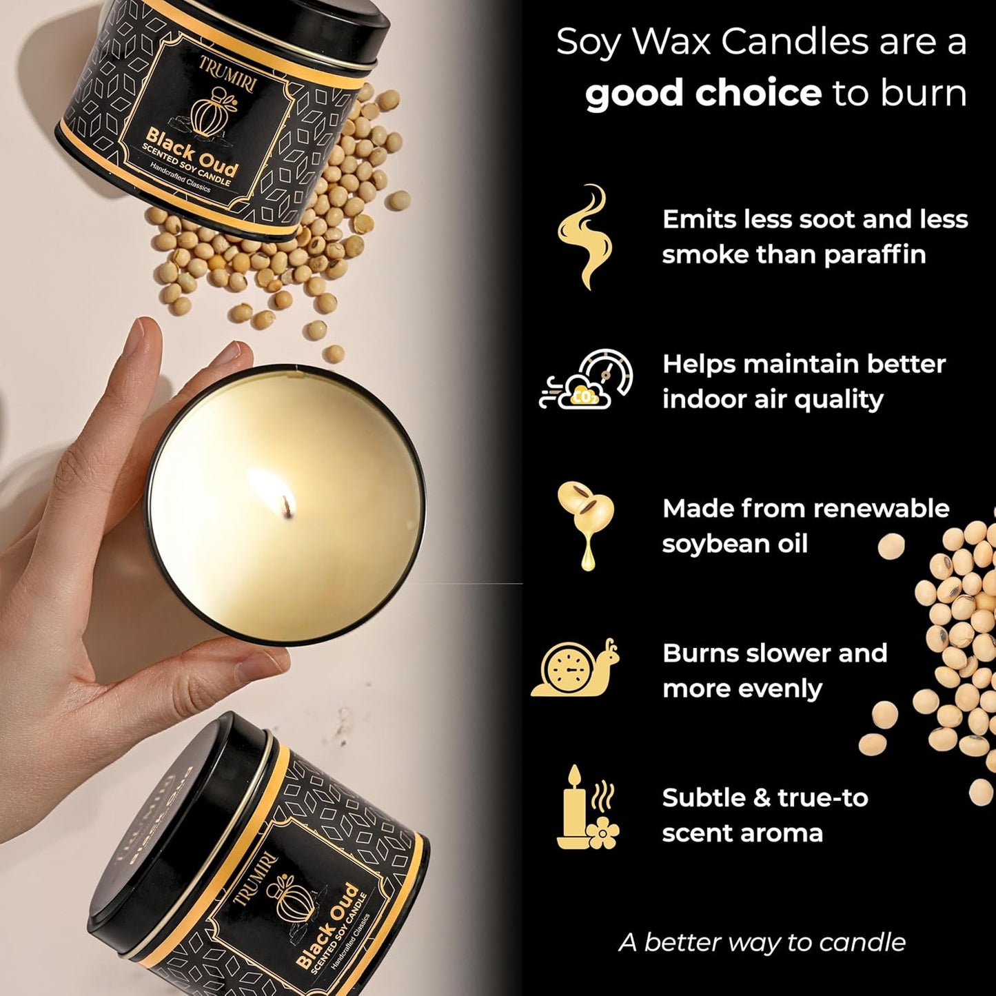 Black Oud Candle Highly Scented Soy Candel Natural Non Toxic Velas Aromáticas Gift for Men 5Oz Decorative Tin Jars with Lids Pack of 3