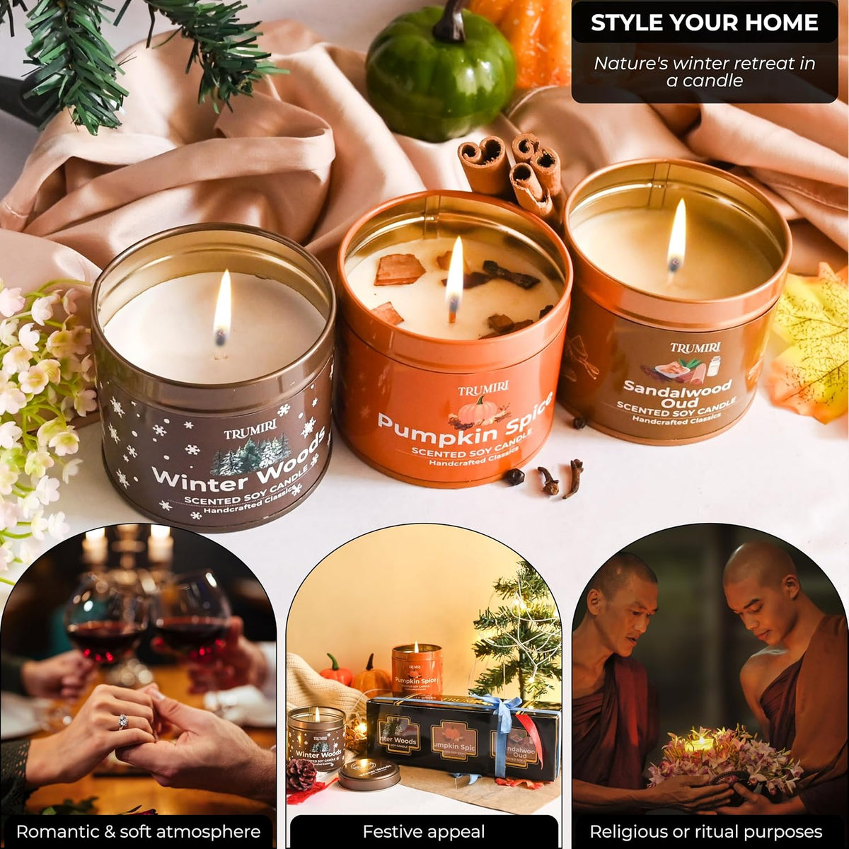 Winter Woods, Pumpkin Spice, Sandalwood Oud - Soy Candles Non Toxic - Highly Scented Long Lasting with Essential Oils - Variety Pack of 3 x 5oz - for Home Aromatherapy Meditation Gift Travel