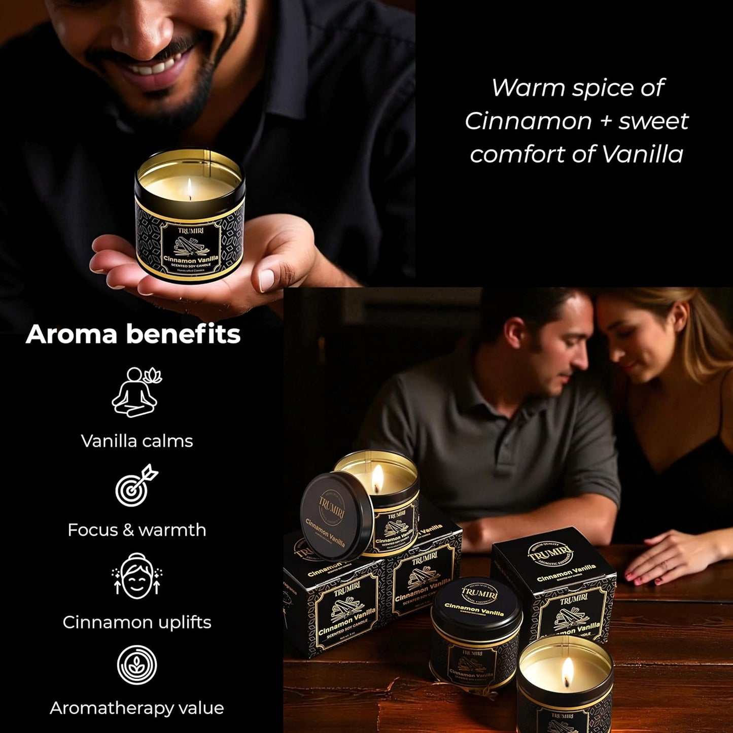 Vanilla Candle with Cinnamon Strong Scented Soy Candel Clean Non Toxic Velas Aromáticas for Women Gift for Fall Christmas Holidays Pack of 3 5Oz Decorative Tin Jars with Lids