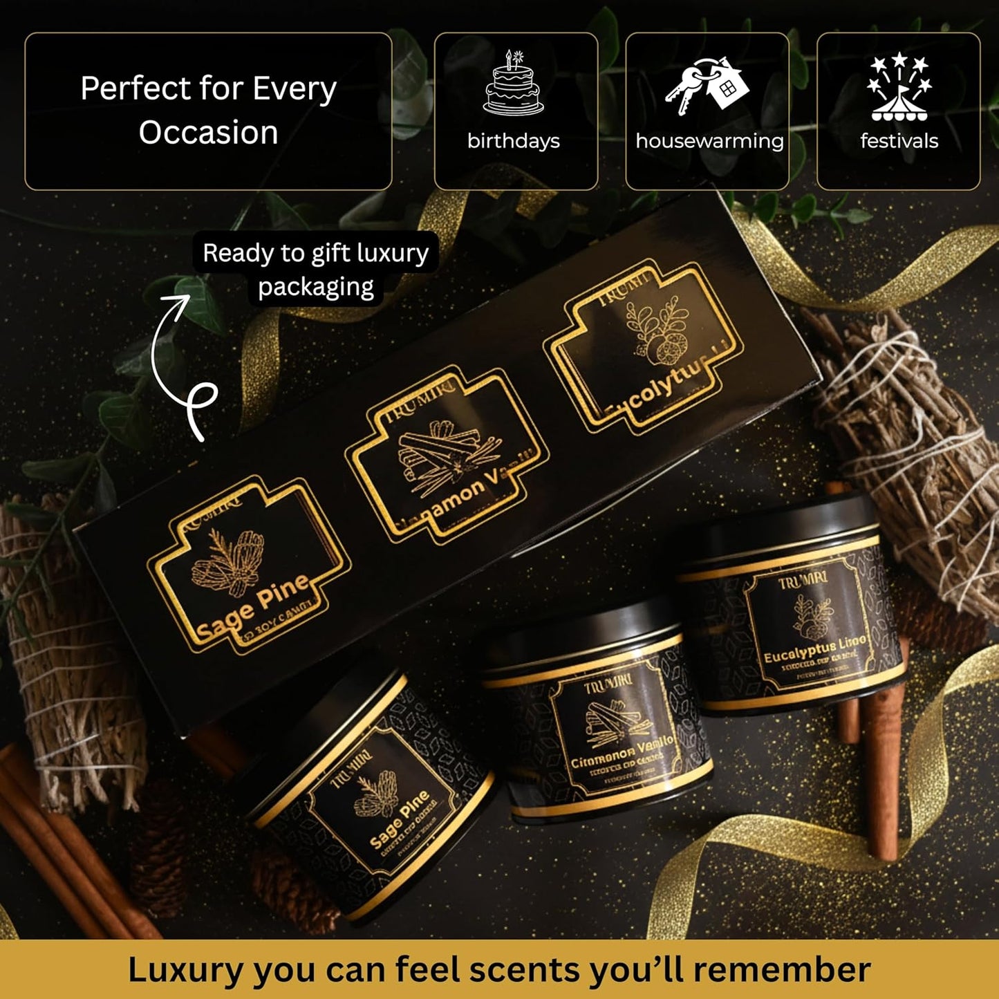 Candle Gift Set Of 3 Sage Pine|Cinnamon Vanilla|Eucalyptus Lime Highly Scented Soy Candels Clean Non Toxic Velas Aromáticas Favors For Women Coworkers Friends Guests Also For Diwali Christmas Holidays